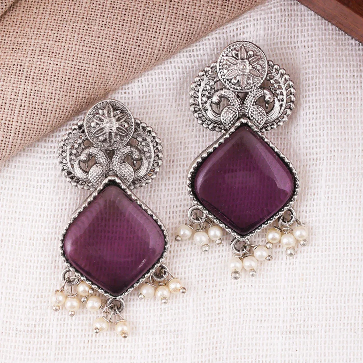 Amara Purple Plum Oxidised Drop Earrings - Zaarva