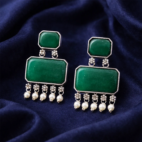 Ameera Jade Pearl Drop Oxidised Earrings - Zaarva