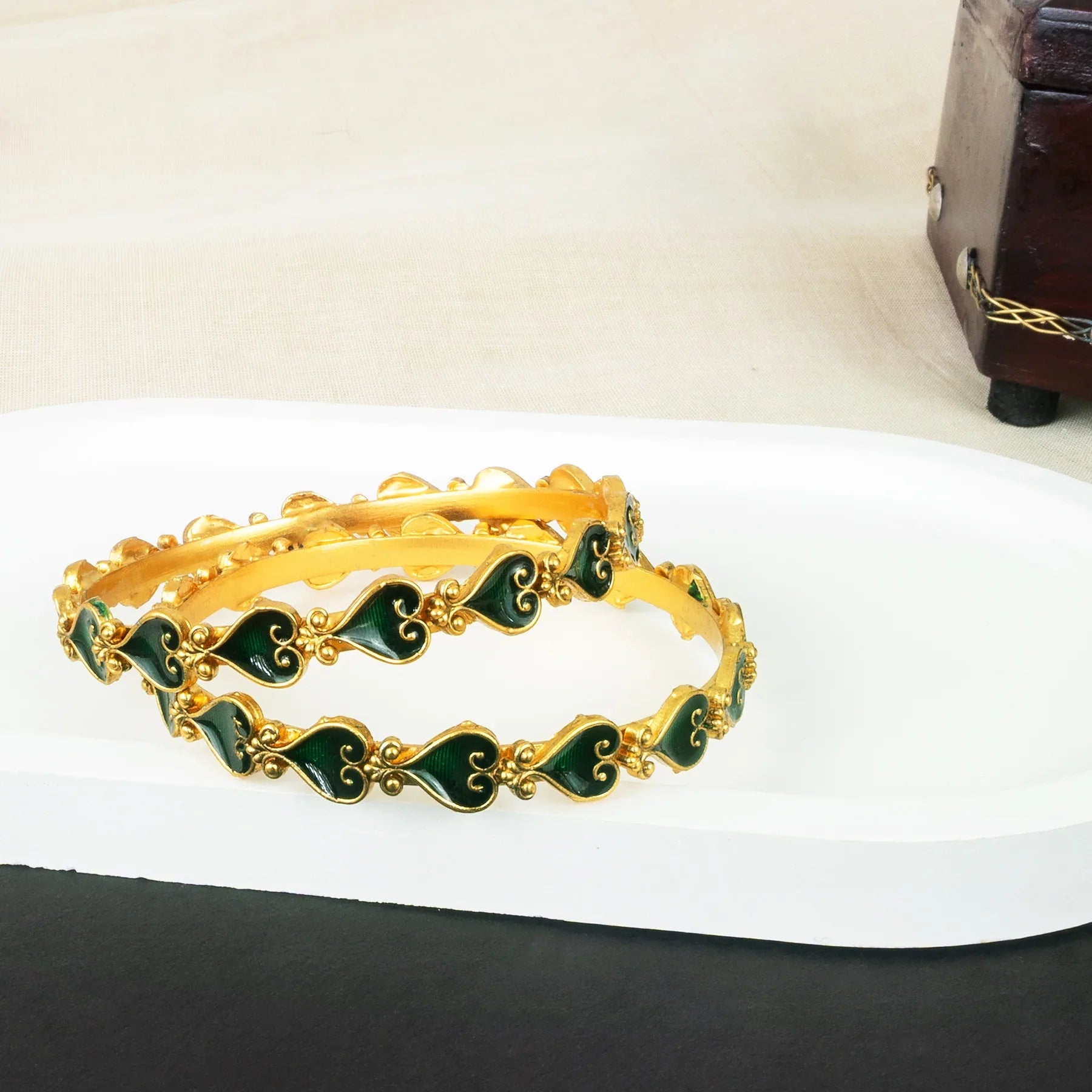 Aashna Heart Green Enamel Bangles - SET OF 2 - Zaarva