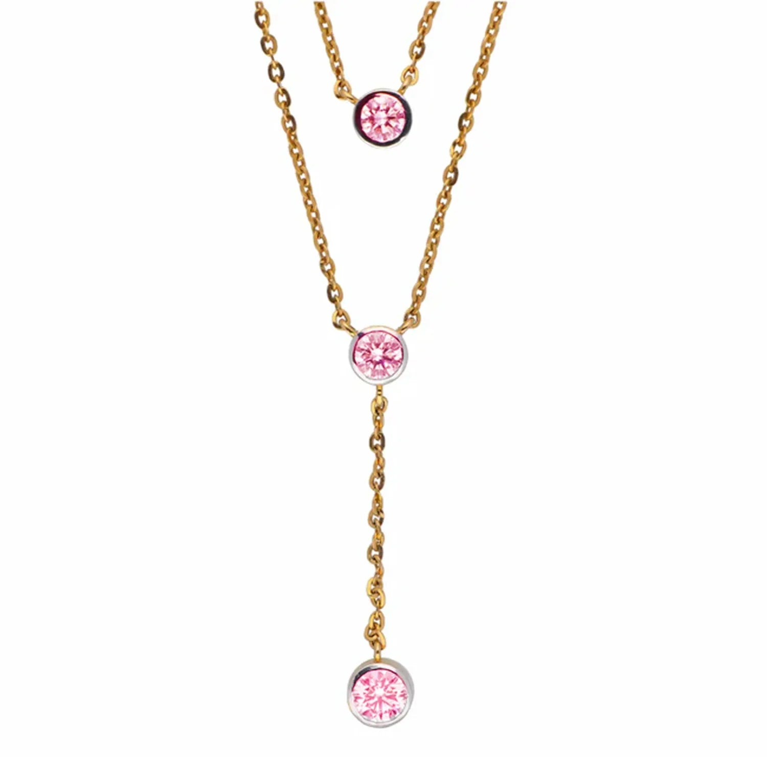 Gold necklace with pink gemstones on a white background