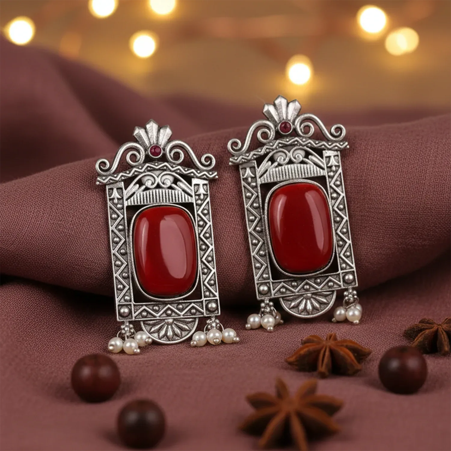 Pair of ornate earrings with red stones on a maroon fabric background