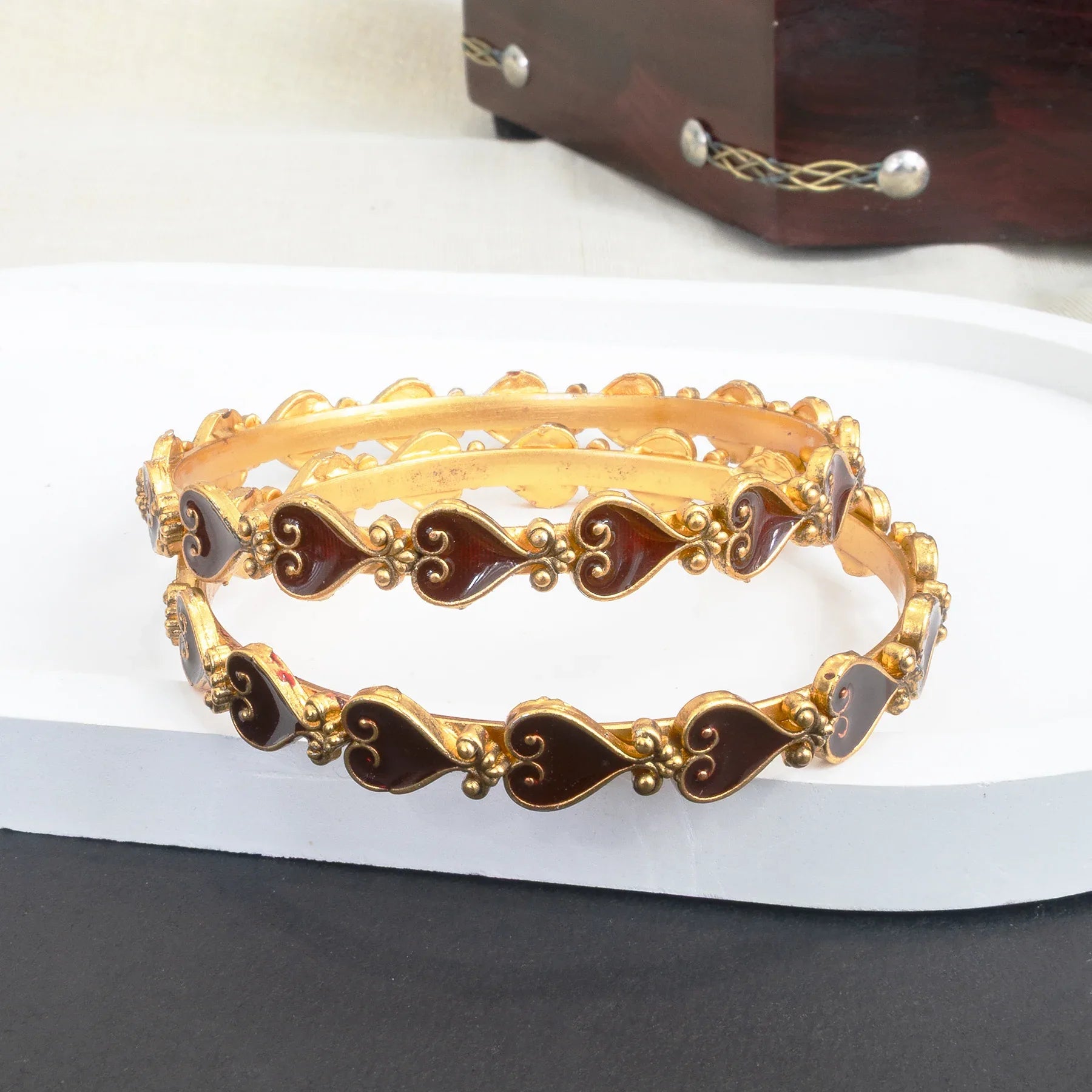 Aashna Heart Red Enamel Bangles - SET OF 2 - Zaarva