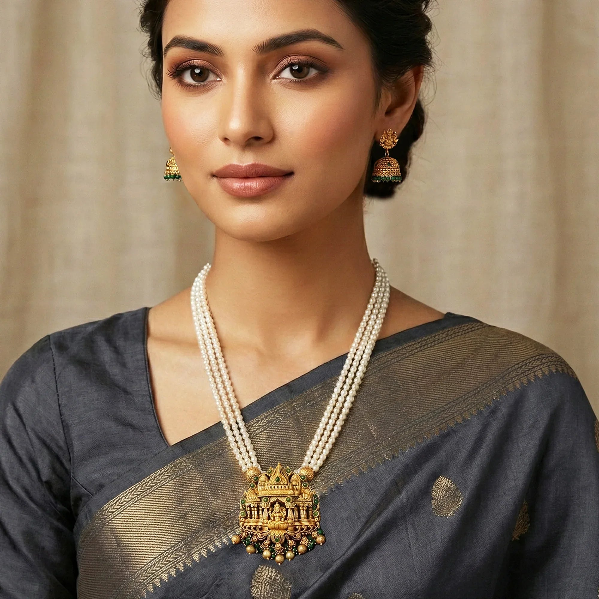 Woman wearing a traditional saree with jewelry against a neutral background