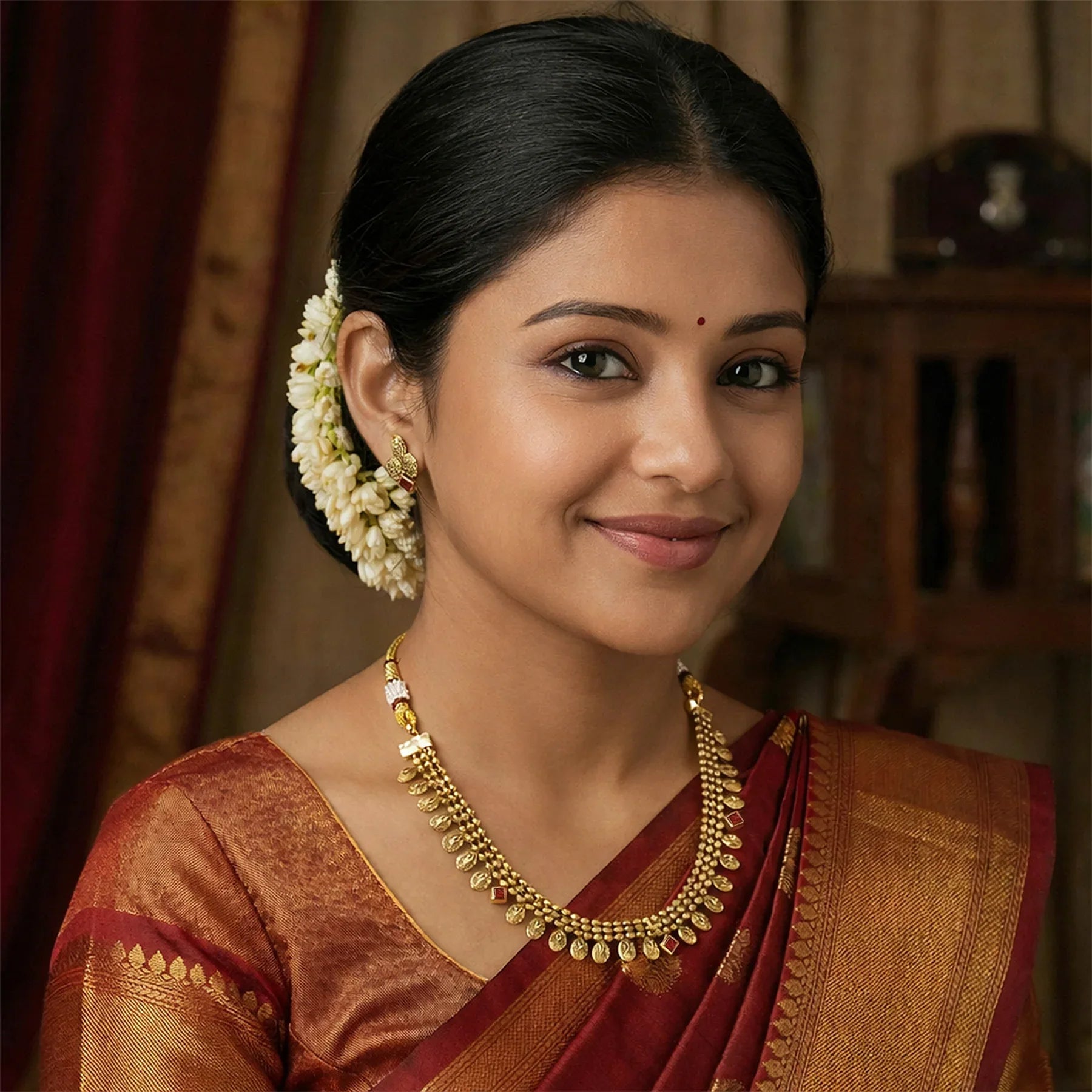 Woman wearing traditional jewelry and a saree with a blurred background