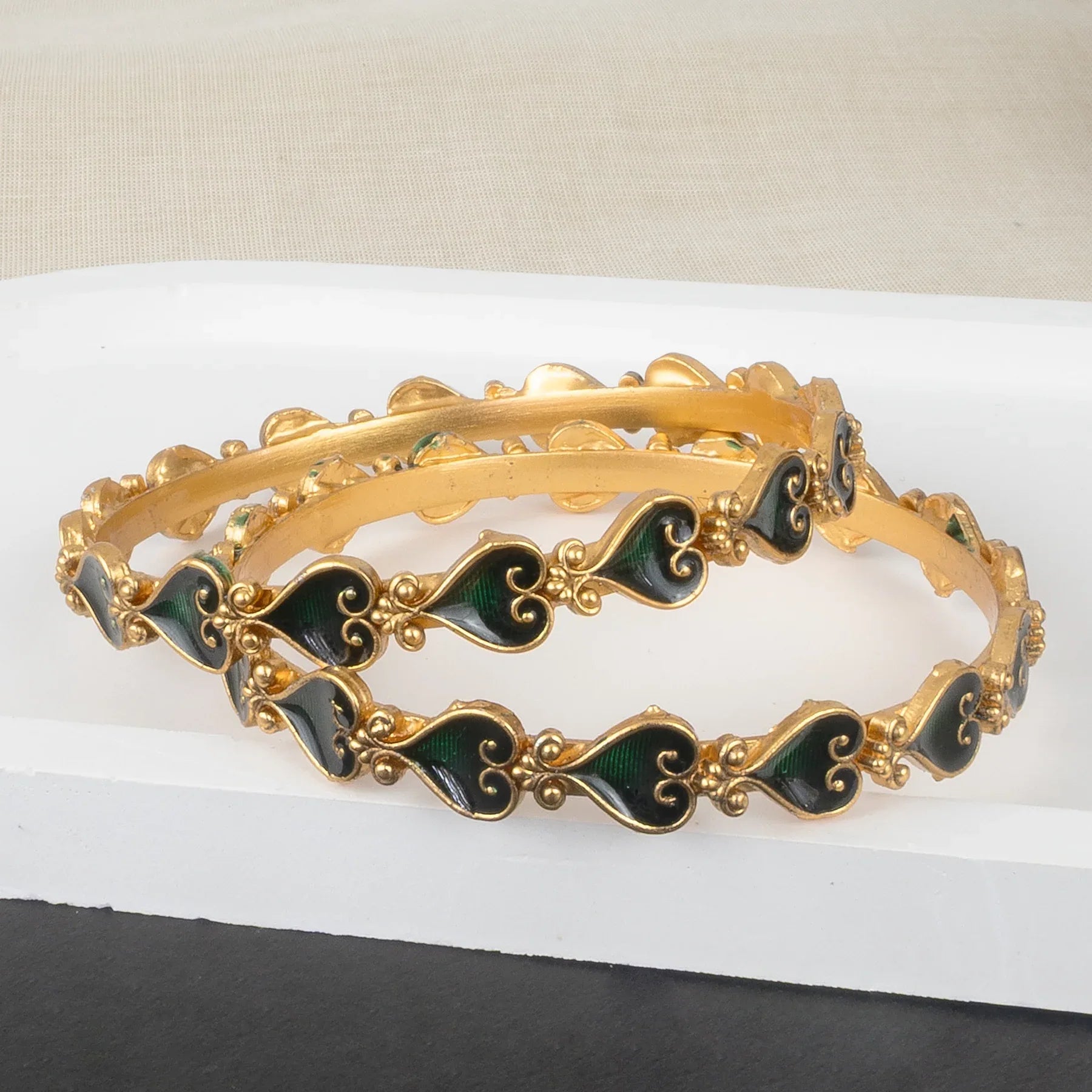Aashna Heart Green Enamel Bangles - SET OF 2 - Zaarva