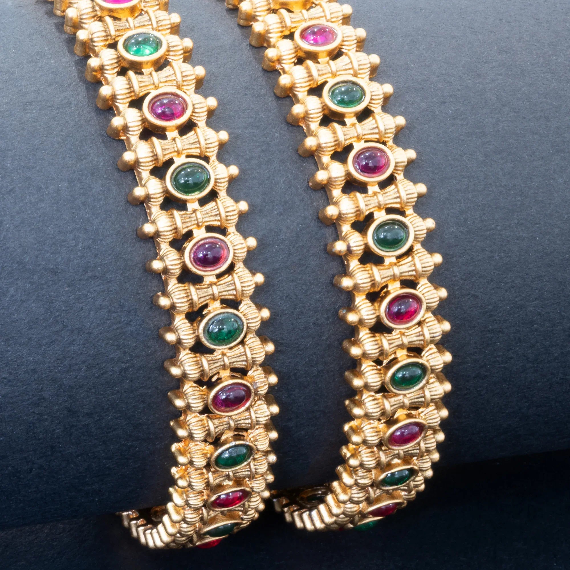 Antique Polki Gemstone Bangles – Ruby & Emerald (Set of 2) - Zaarva
