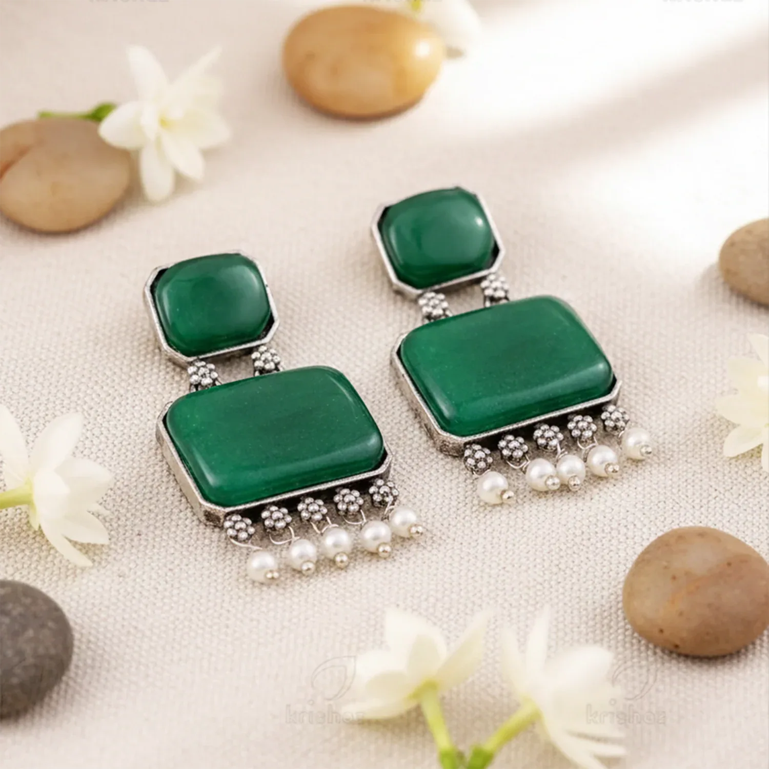 Ameera Jade Pearl Drop Oxidised Earrings - Zaarva