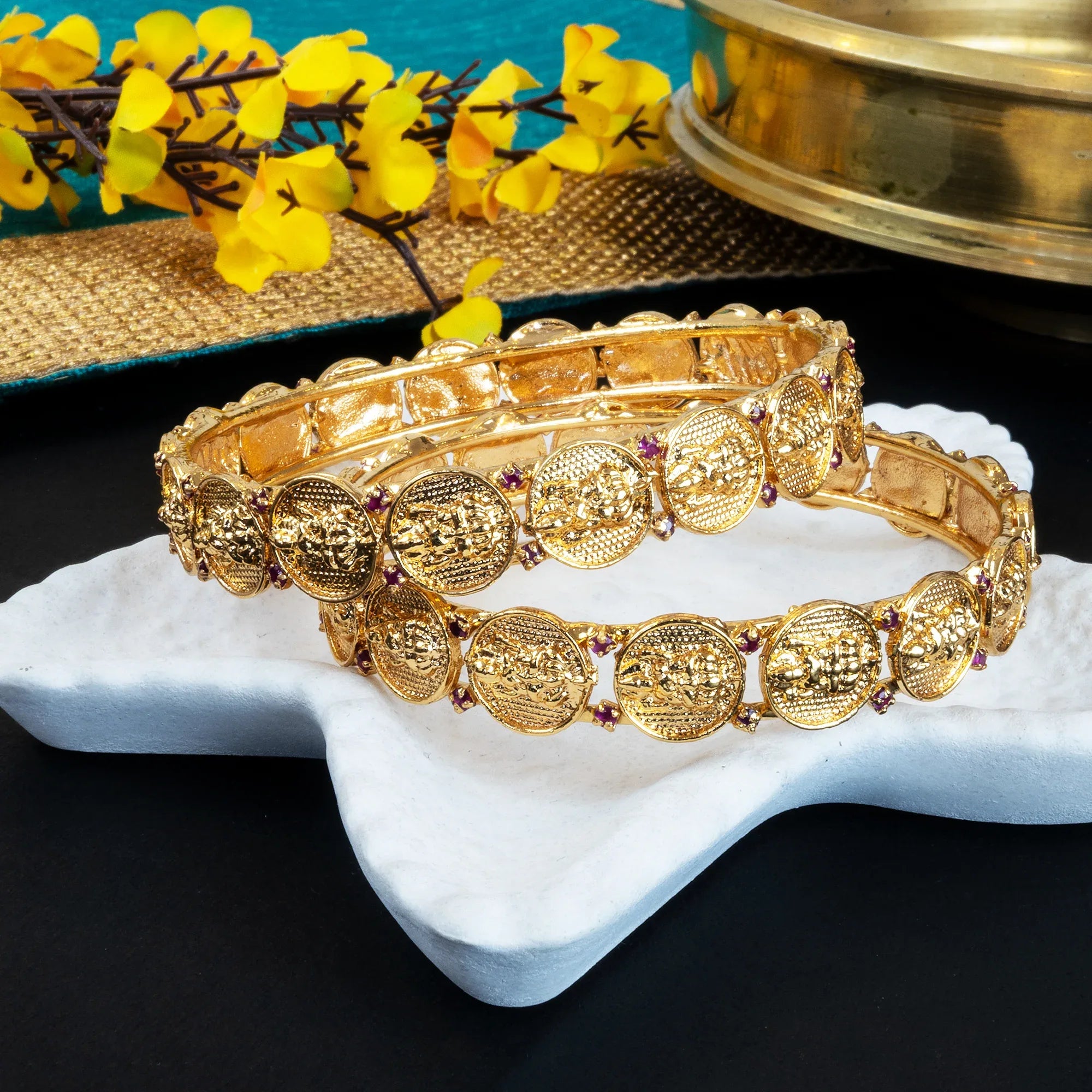 Antique Lakshmi Coin Bangle with Ruby Accent (1 pc) - Zaarva