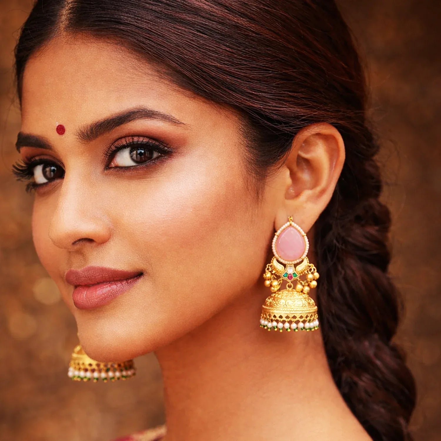 Woman wearing gold earrings with pink stones against a warm brown background