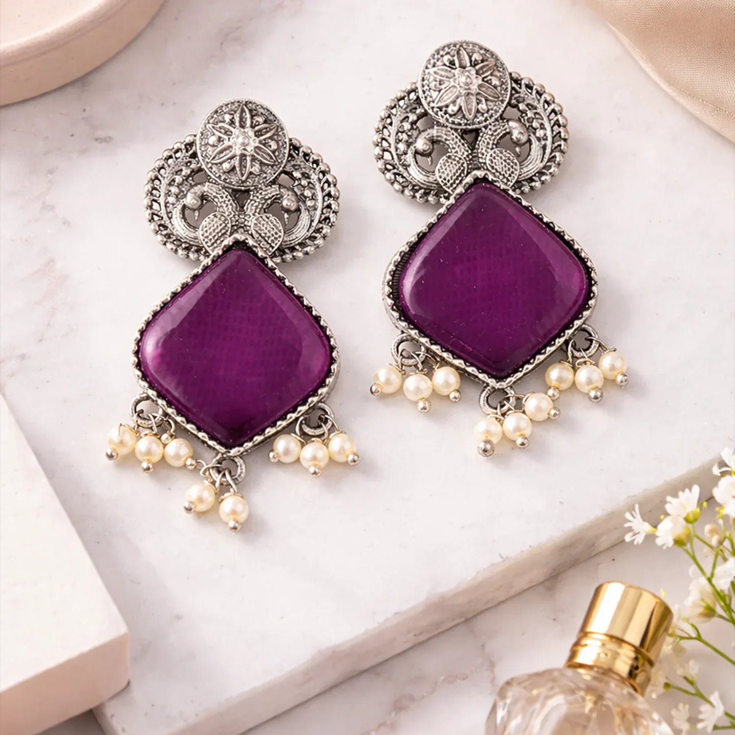 Amara Purple Plum Oxidised Drop Earrings - Zaarva