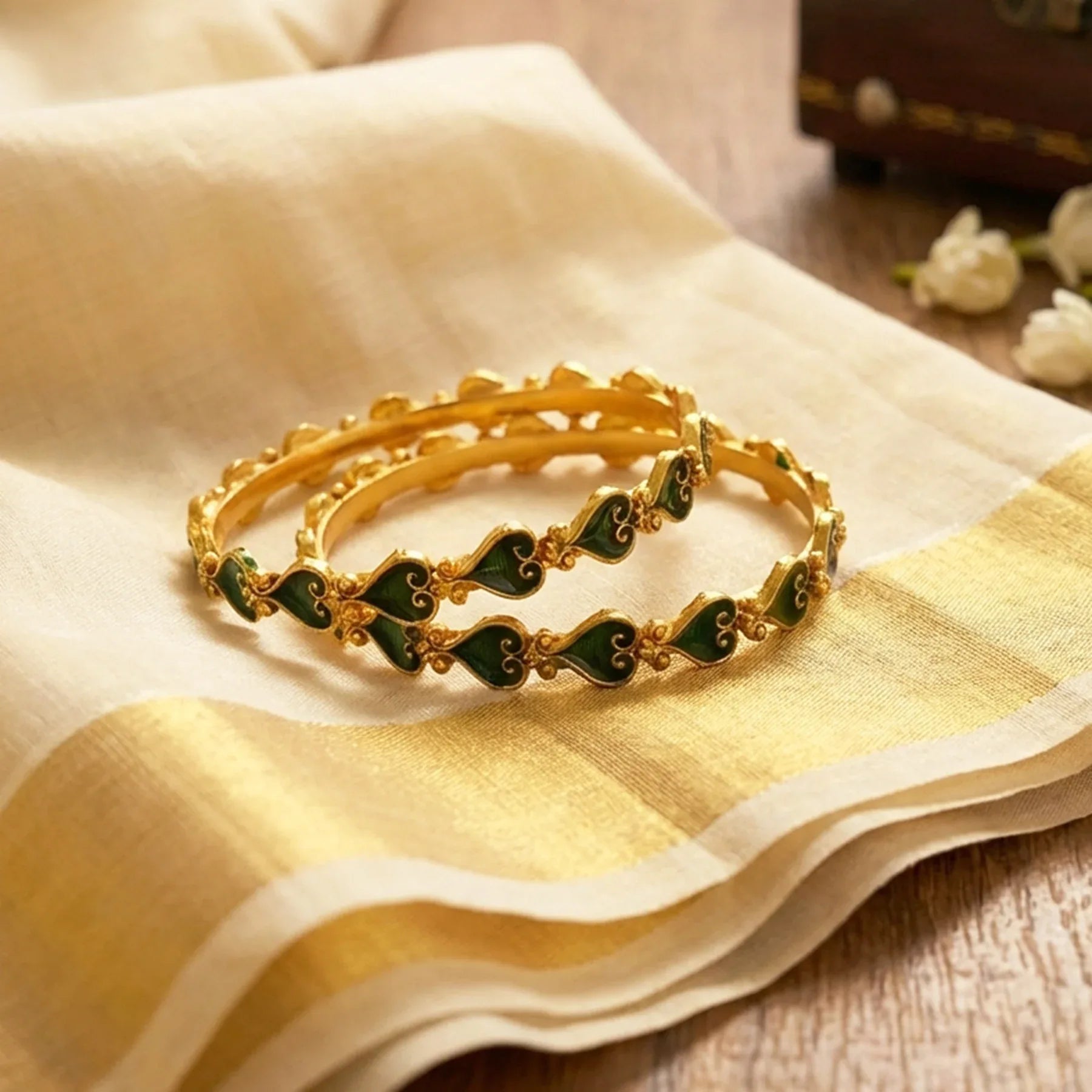 Aashna Heart Green Enamel Bangles - SET OF 2 - Zaarva