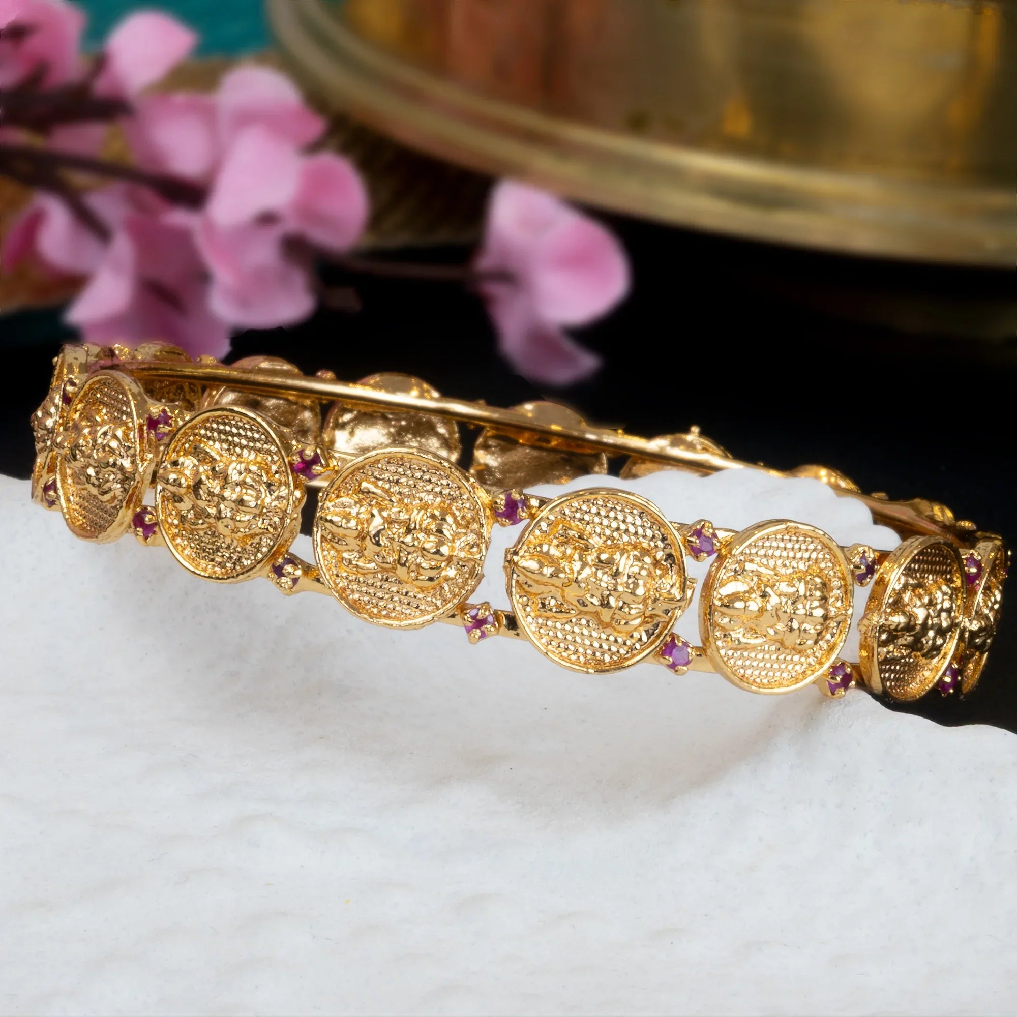 Antique Lakshmi Coin Bangle with Ruby Accent (1 pc) - Zaarva