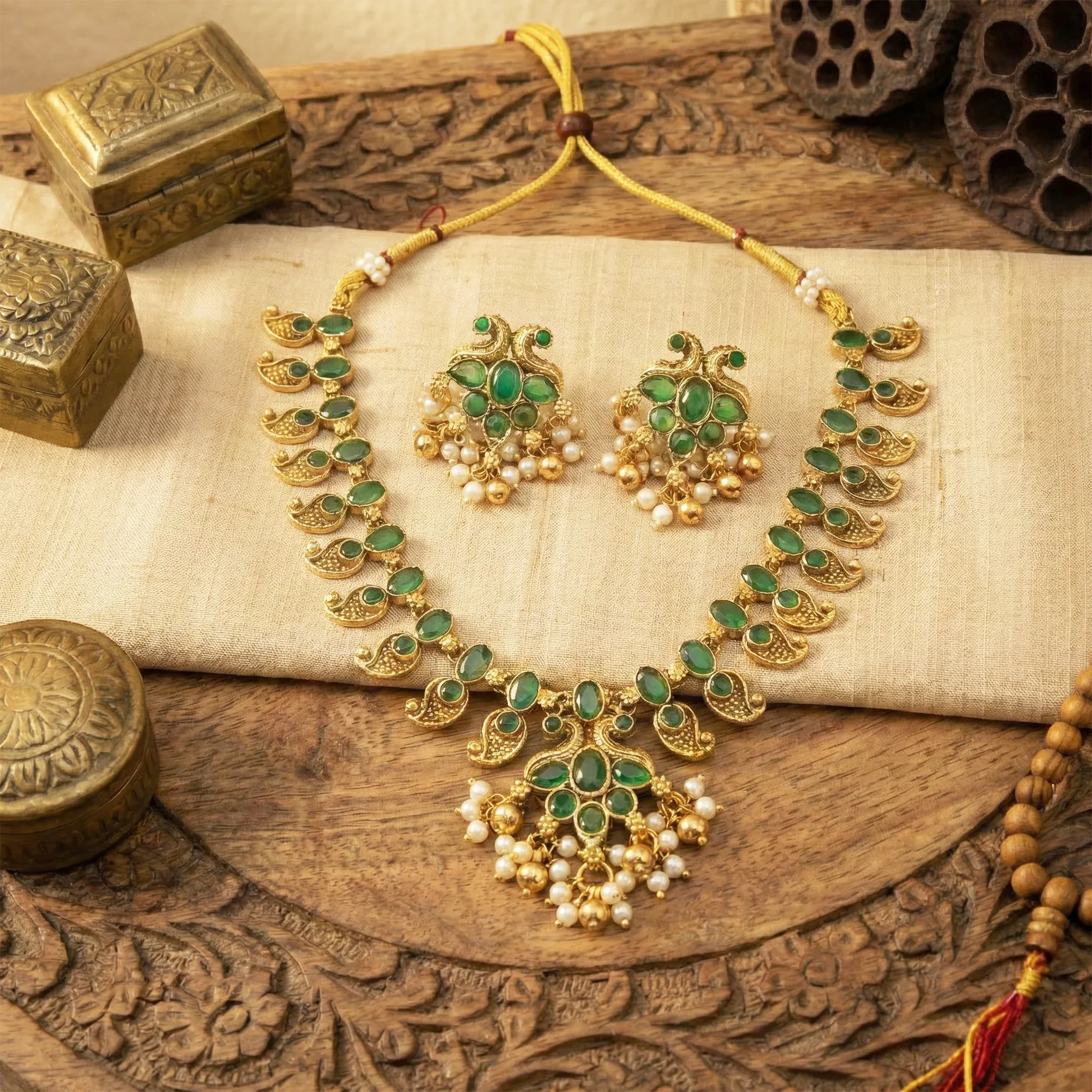 Gold and green jewelry set with boxes on a wooden surface