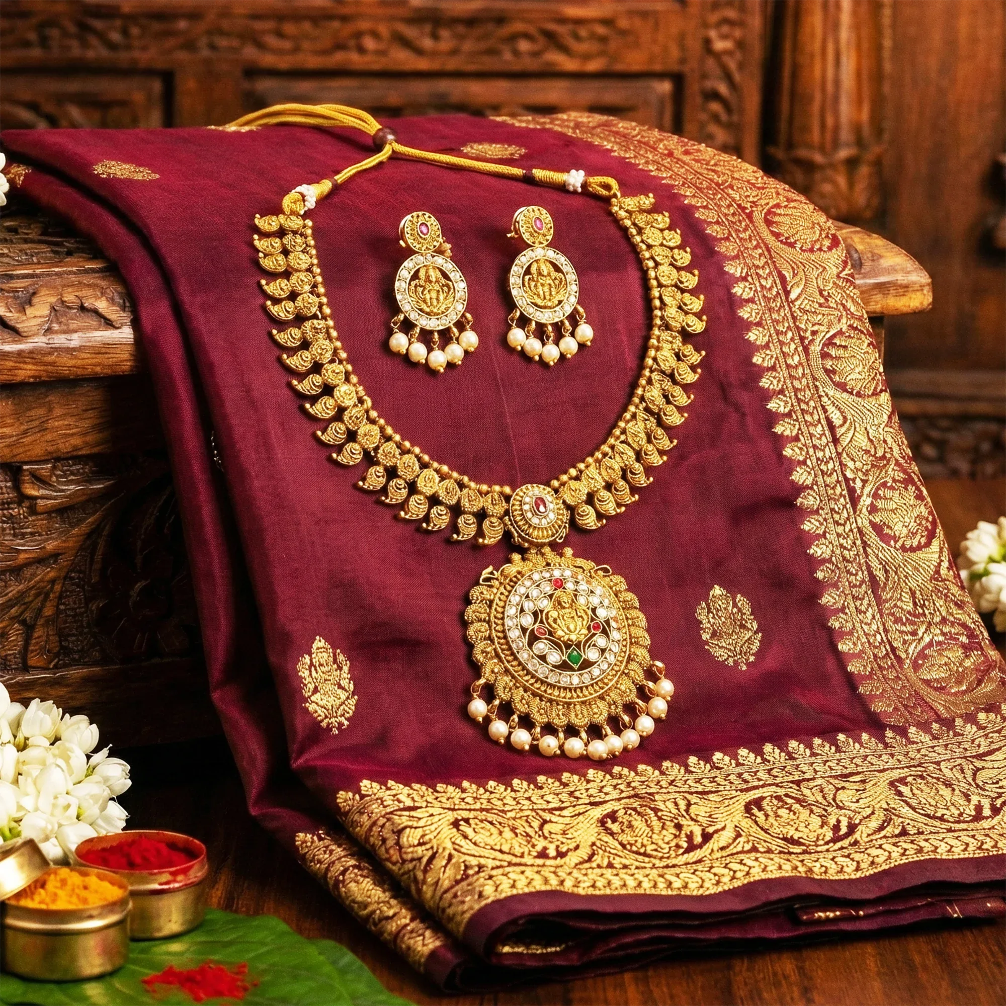 Gold jewelry set on a maroon saree with floral decorations