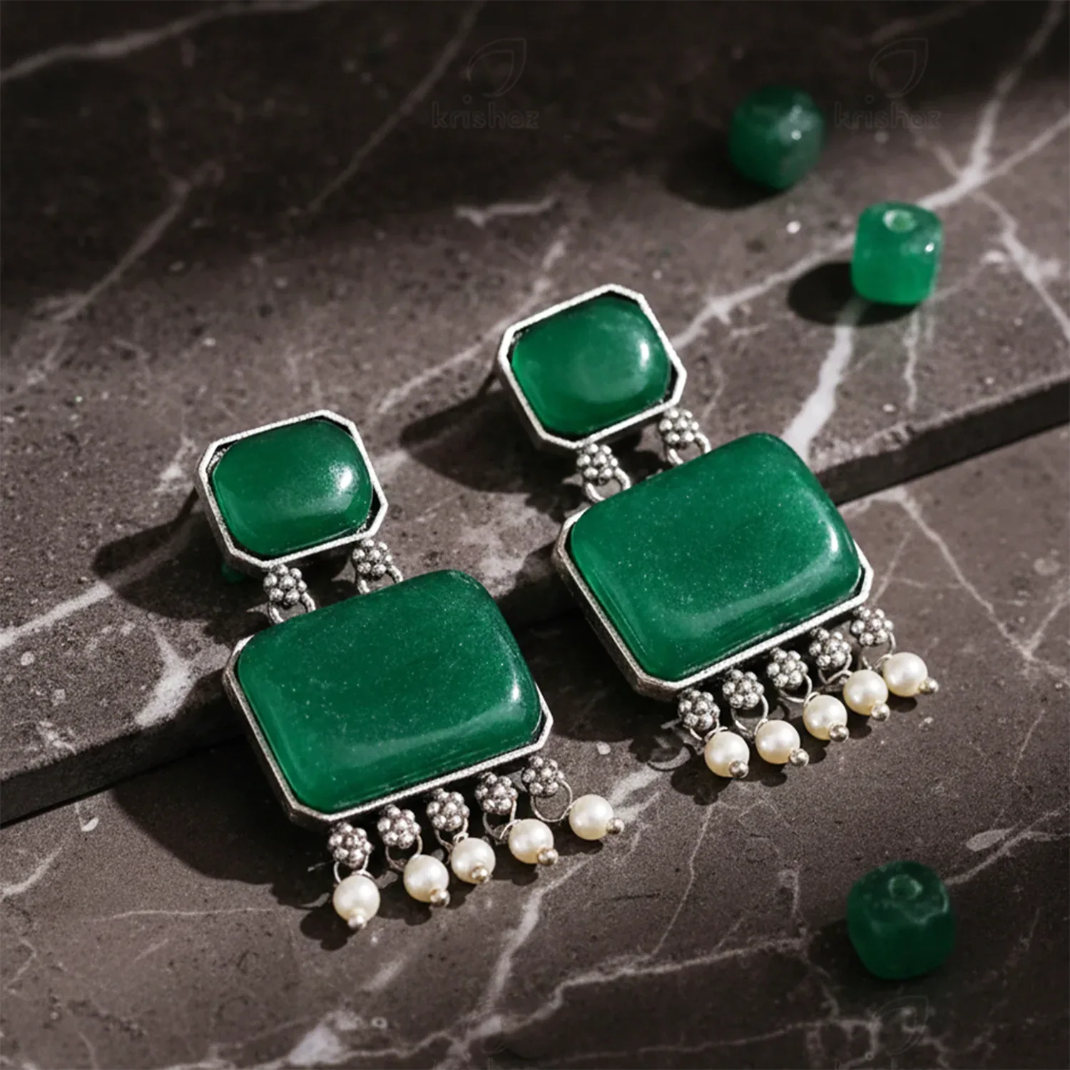 Ameera Jade Pearl Drop Oxidised Earrings - Zaarva
