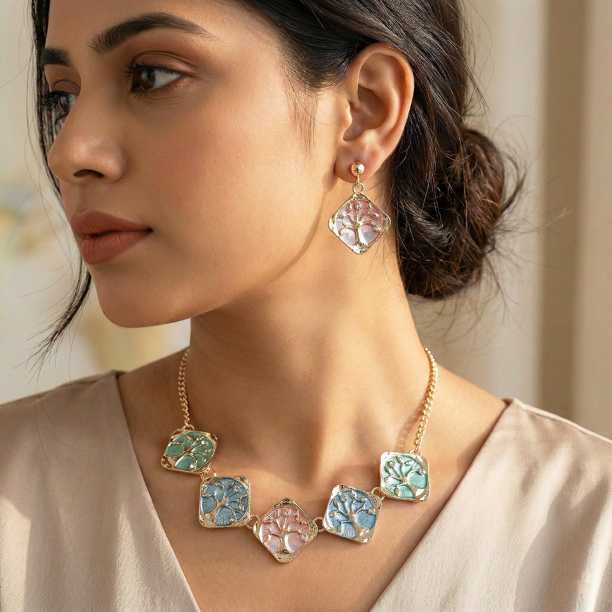 Woman wearing a gold necklace with colorful stones and matching earrings.