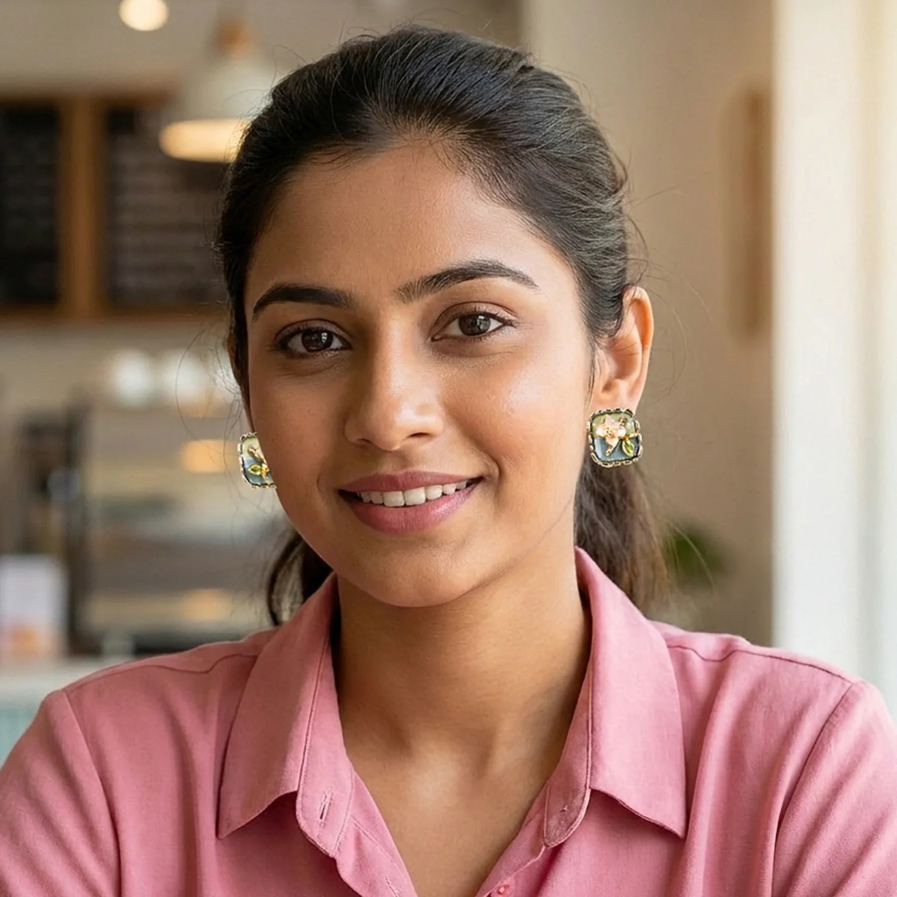 Woman wearing a pink shirt with a blurred indoor background
