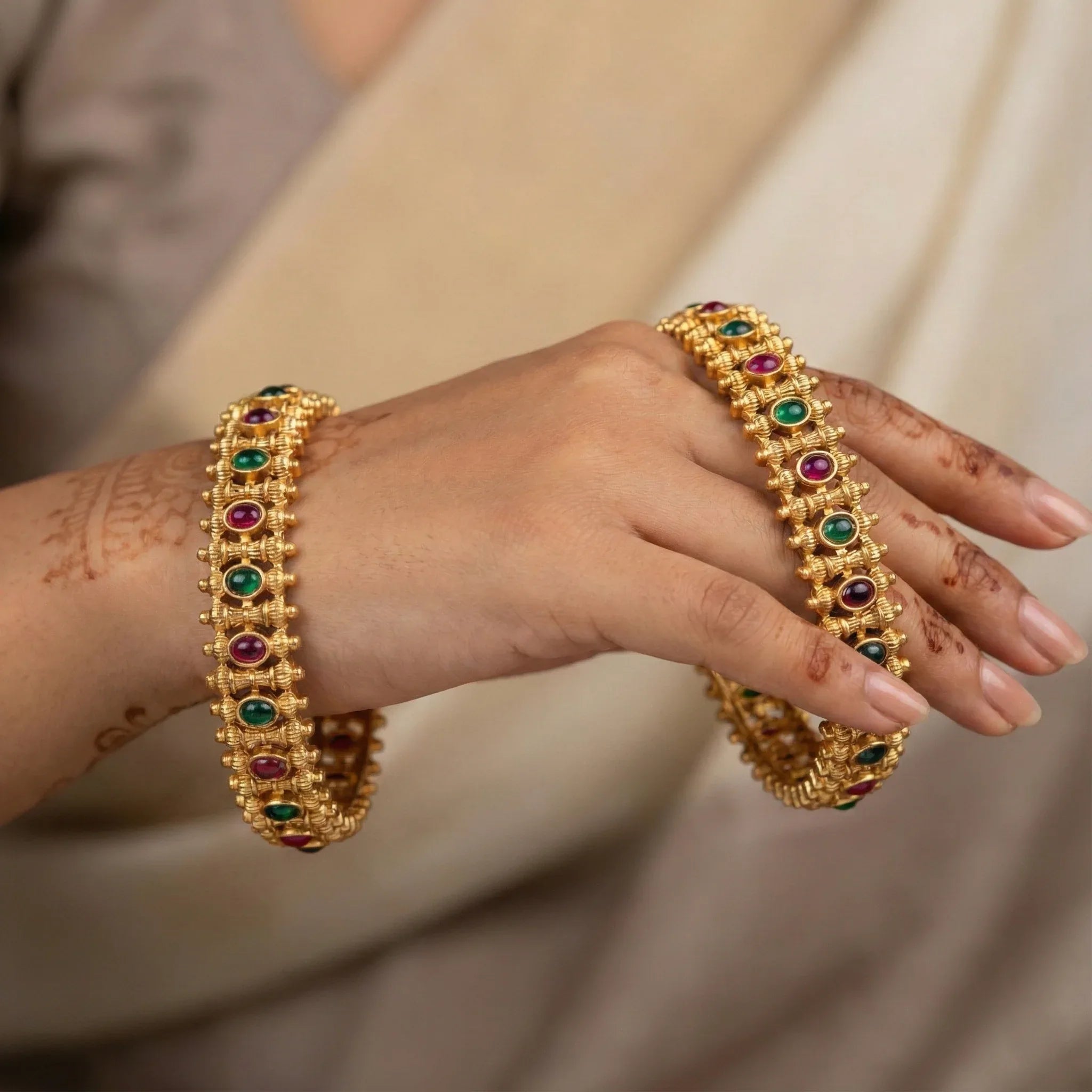 Antique Polki Gemstone Bangles – Ruby & Emerald (Set of 2) - Zaarva