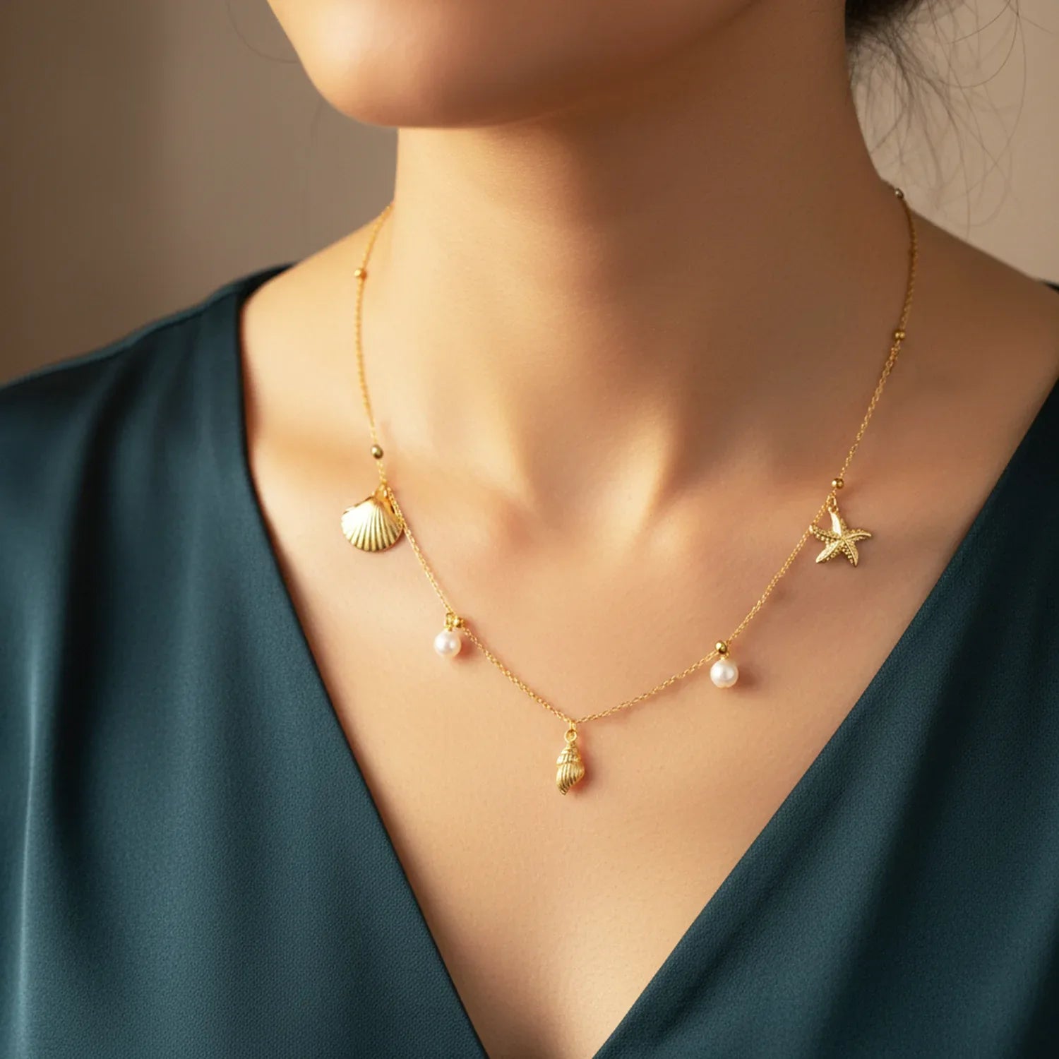 Gold necklace with star, shell, and pearl pendants on a model wearing a green dress.