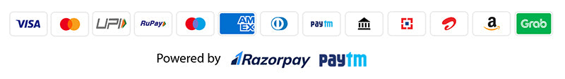 Collection of payment logos including Visa, Mastercard, PayPal, and more, with 'Powered by Razorpay Paytm' text below.
