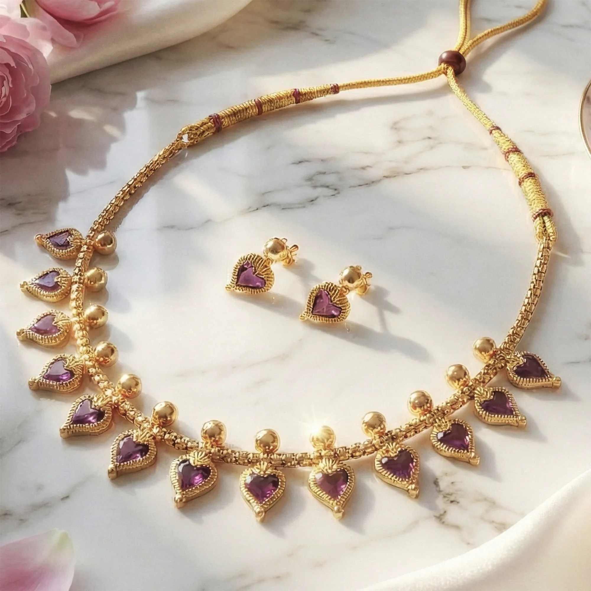 Gold necklace with purple gemstones and matching earrings on a marble surface.