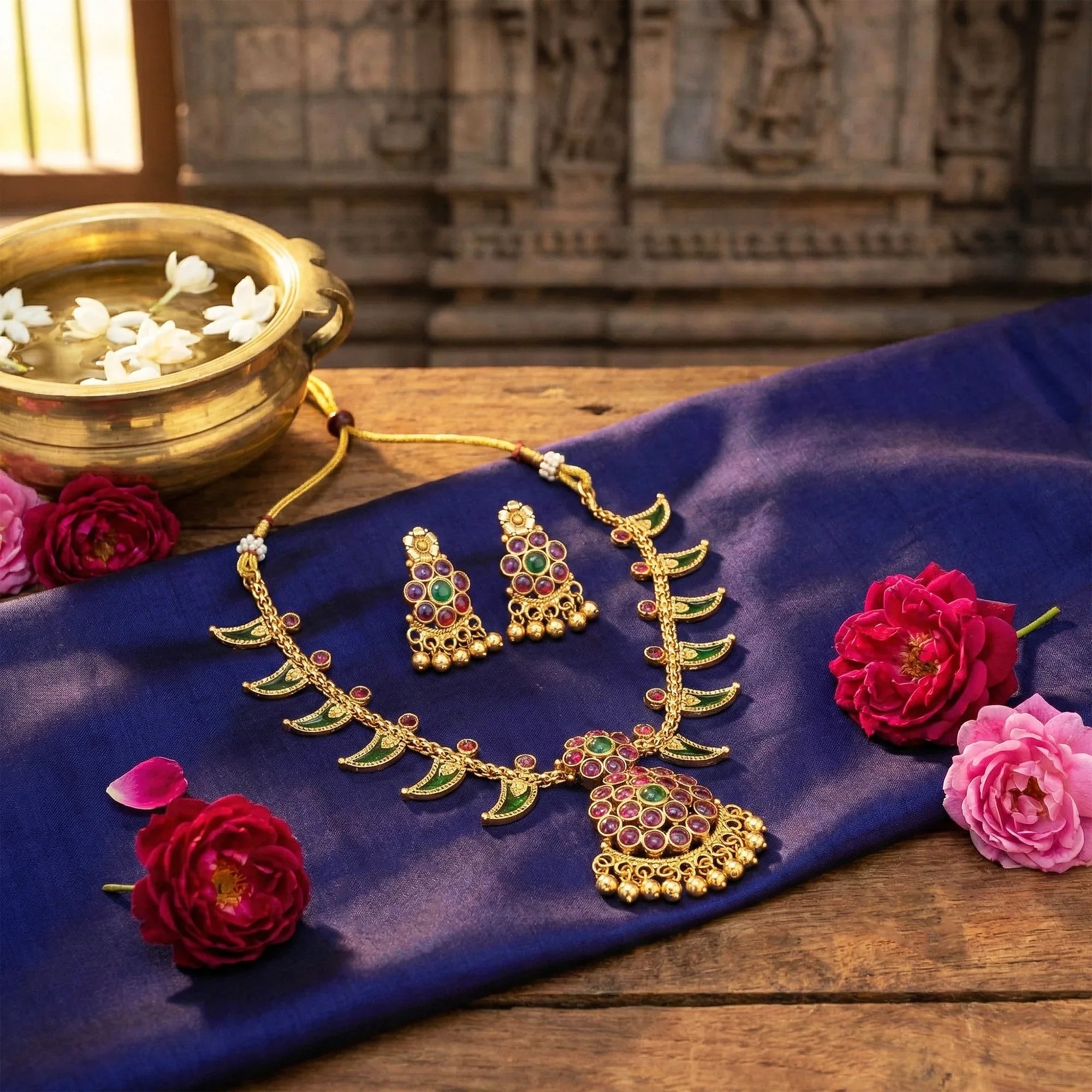 Gold jewelry set with green and red stones on a blue fabric with flowers and water bowl.