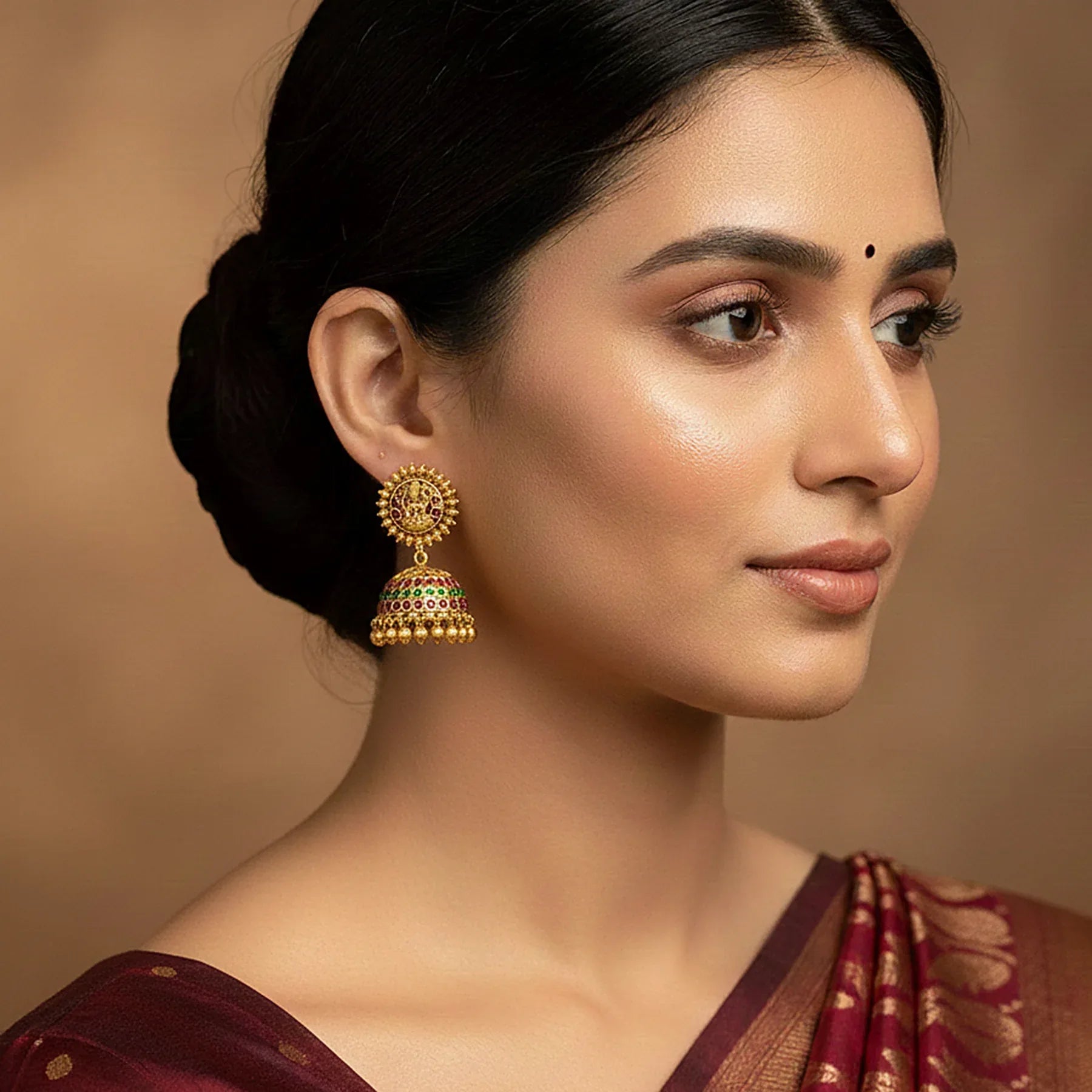 Woman wearing gold earrings with a maroon saree against a beige background