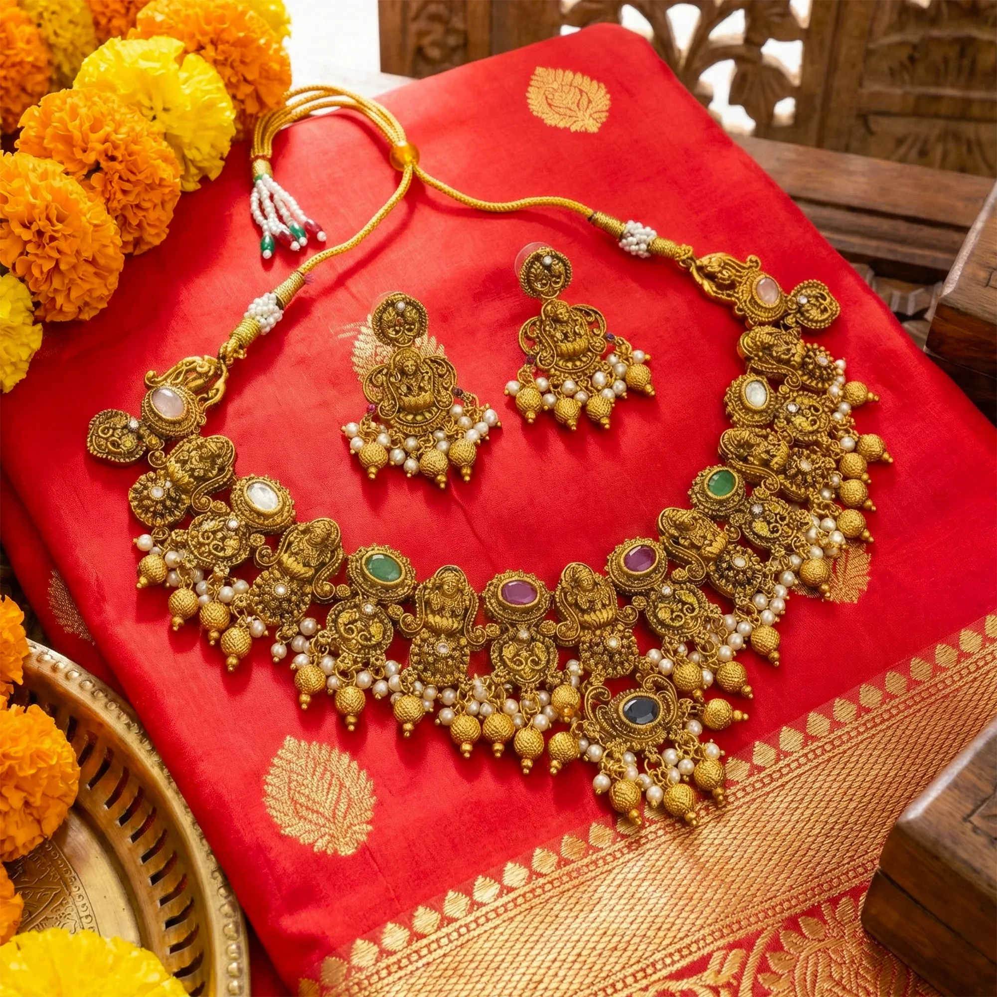 Gold necklace and earrings set on a red fabric background with marigold flowers.