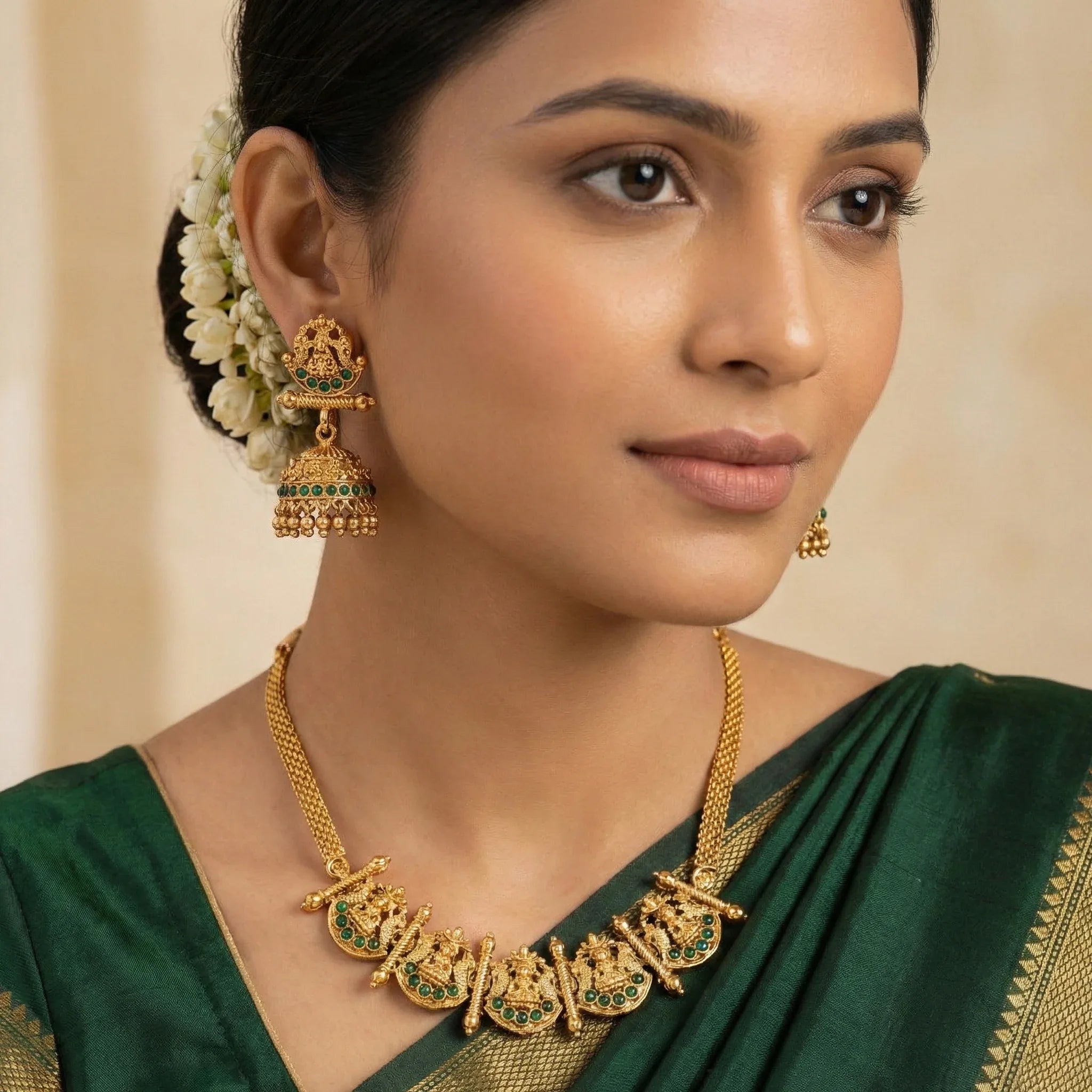 Woman wearing gold jewelry with a green saree against a beige background