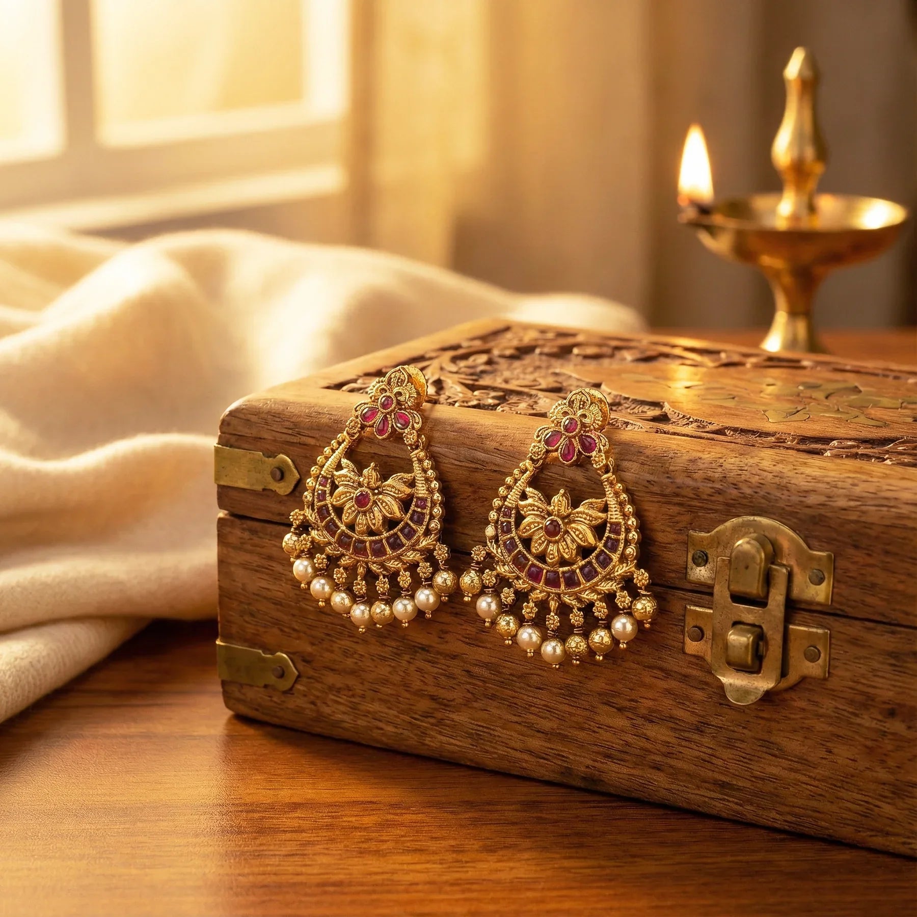 Gold earrings with pearl and red stone details on a wooden box with a warm glow.