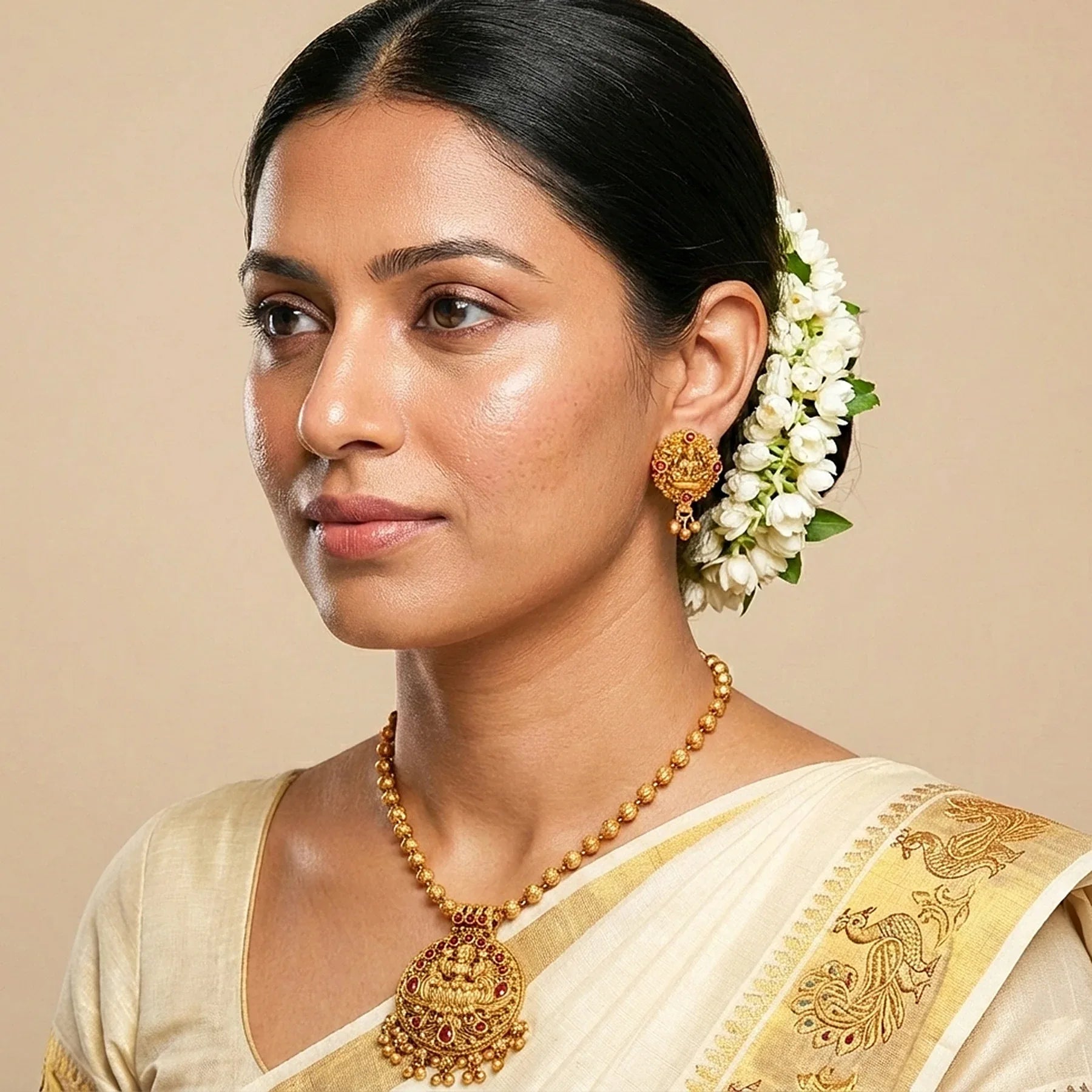Woman wearing traditional gold jewelry and a cream saree with a beige background