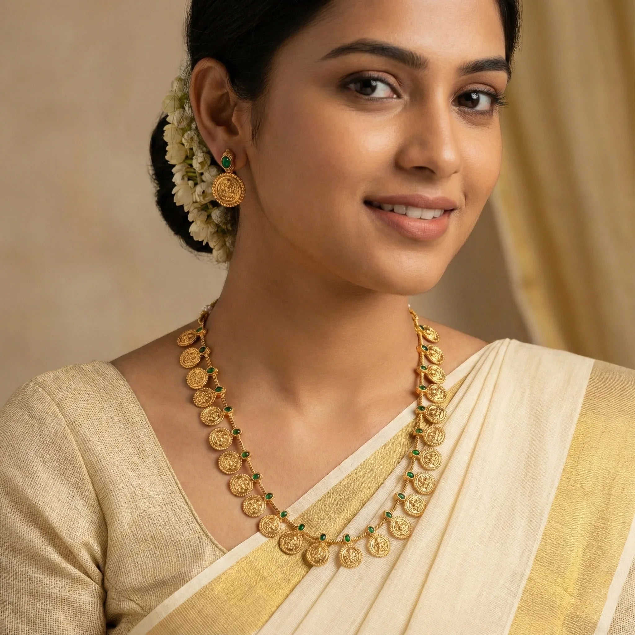 Woman wearing a gold necklace and earrings with a beige saree against a neutral background