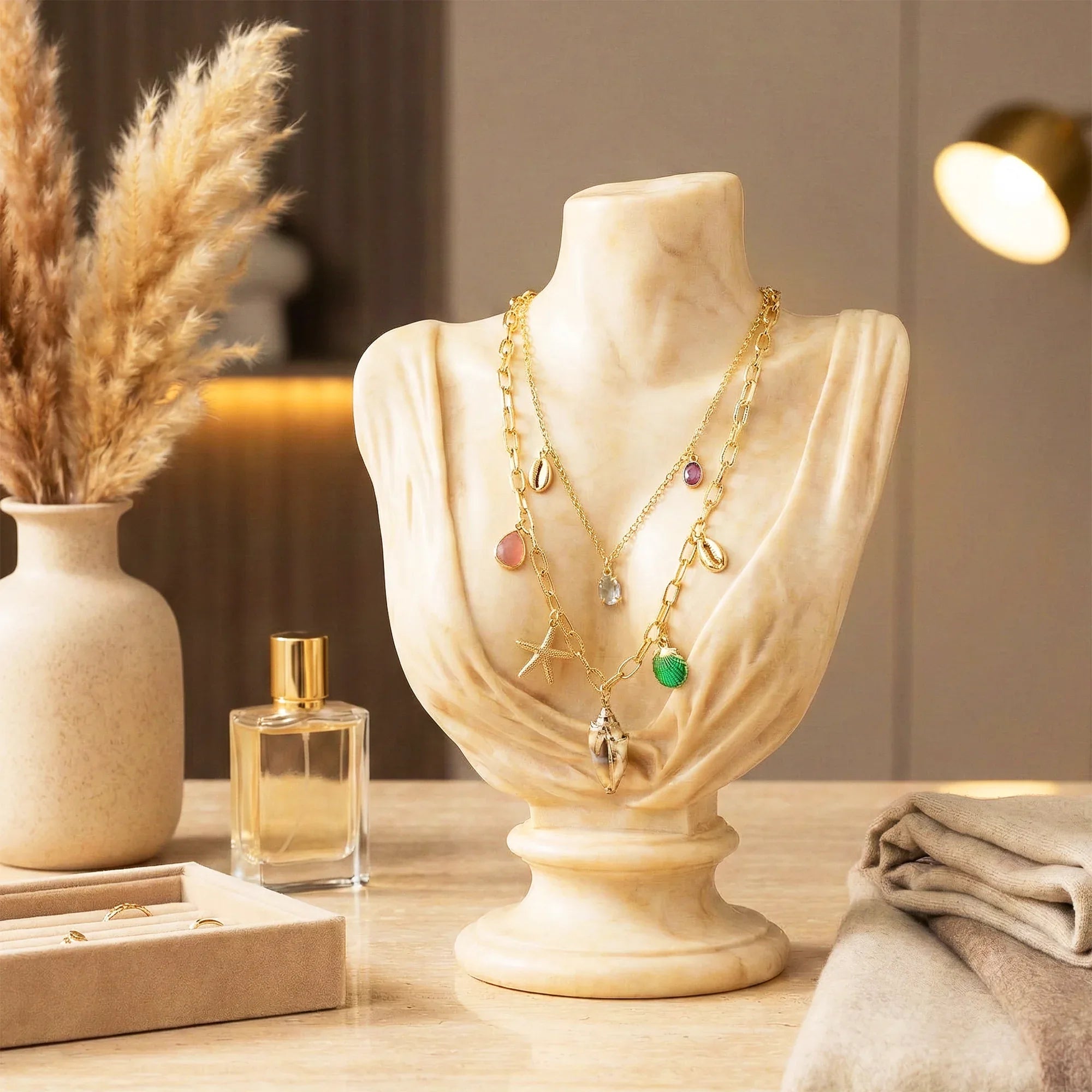 Necklace on a decorative bust with a vase and perfume bottle in the background