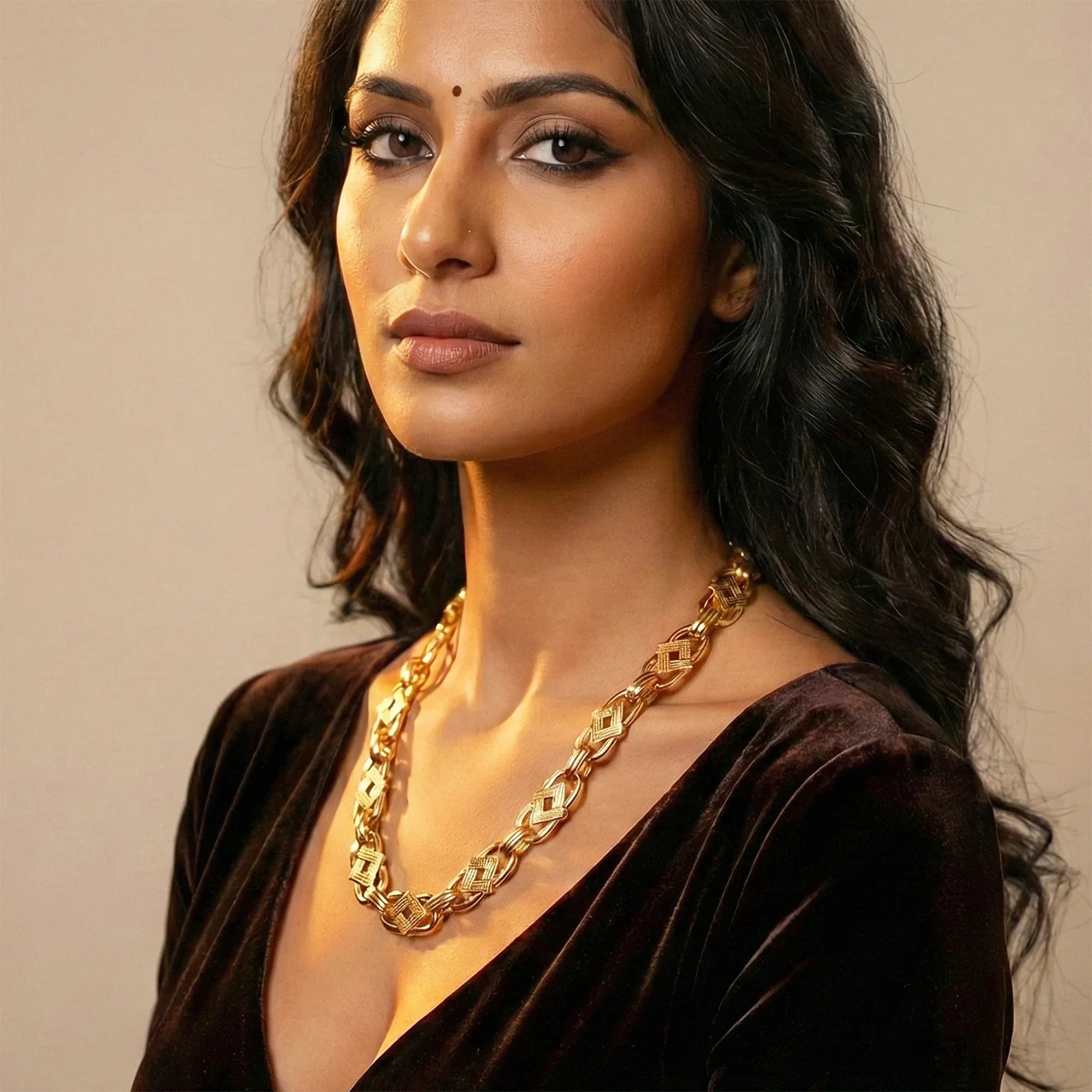 Woman wearing a gold necklace against a neutral background