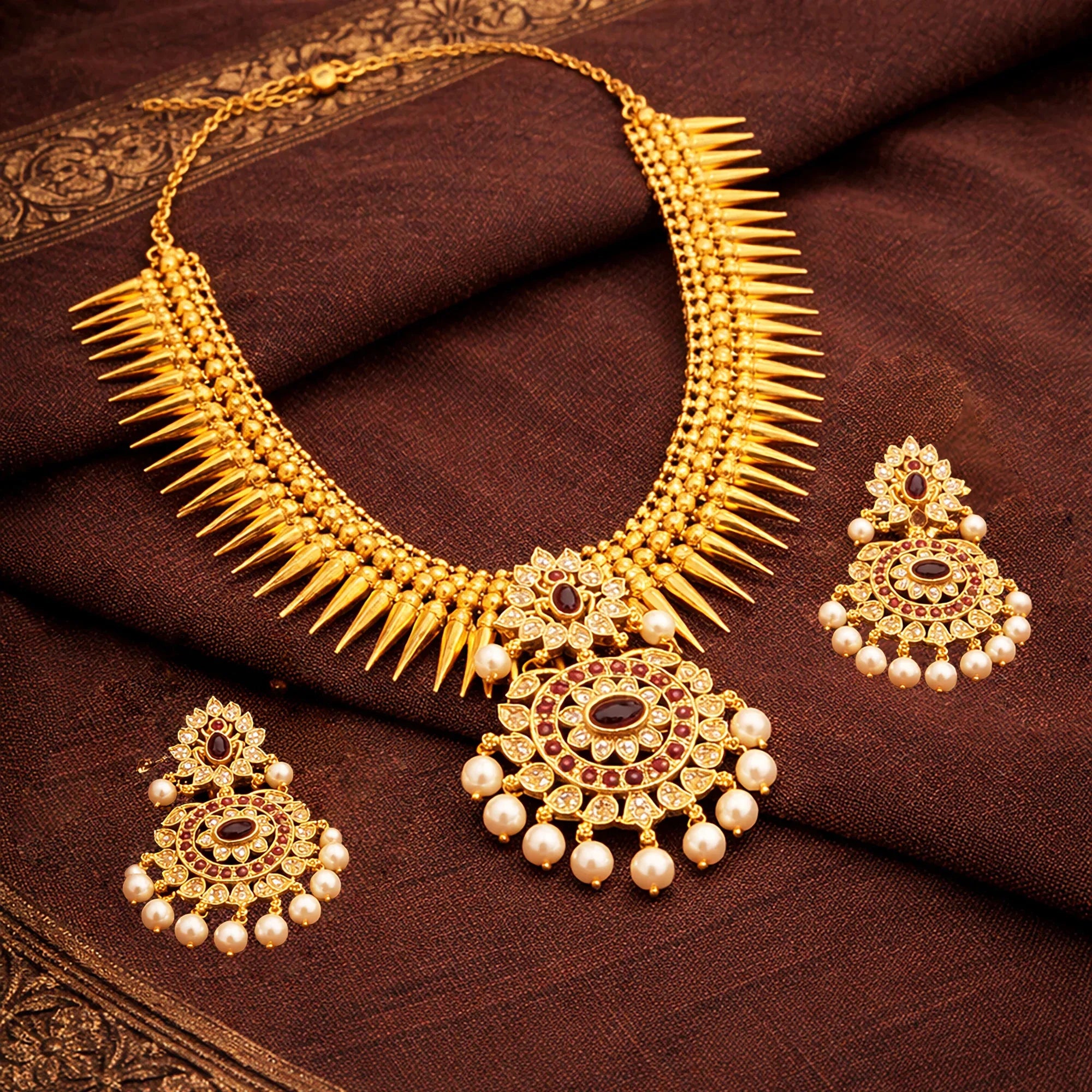 Gold necklace and earrings on a brown fabric background