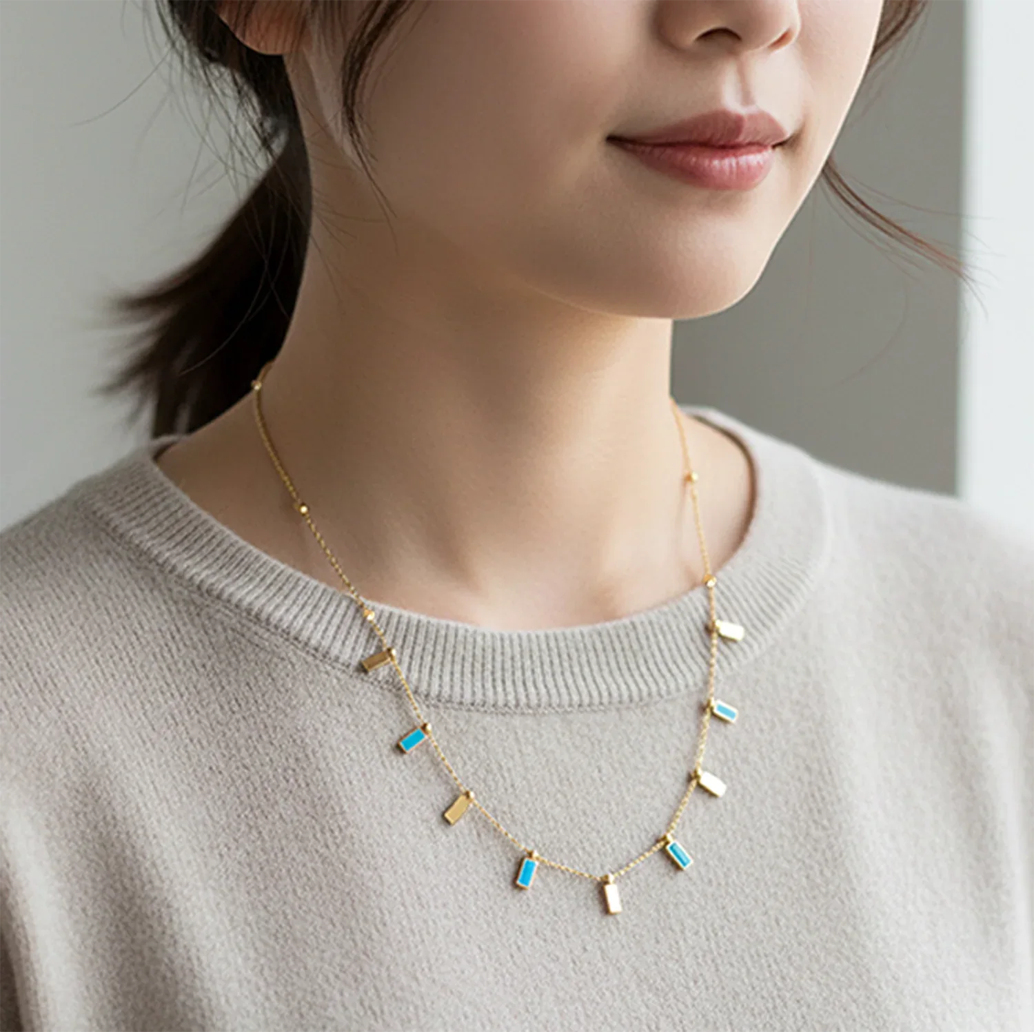Aeri Blue Enamel Charm Anti-Tarnish Necklace - Zaarva