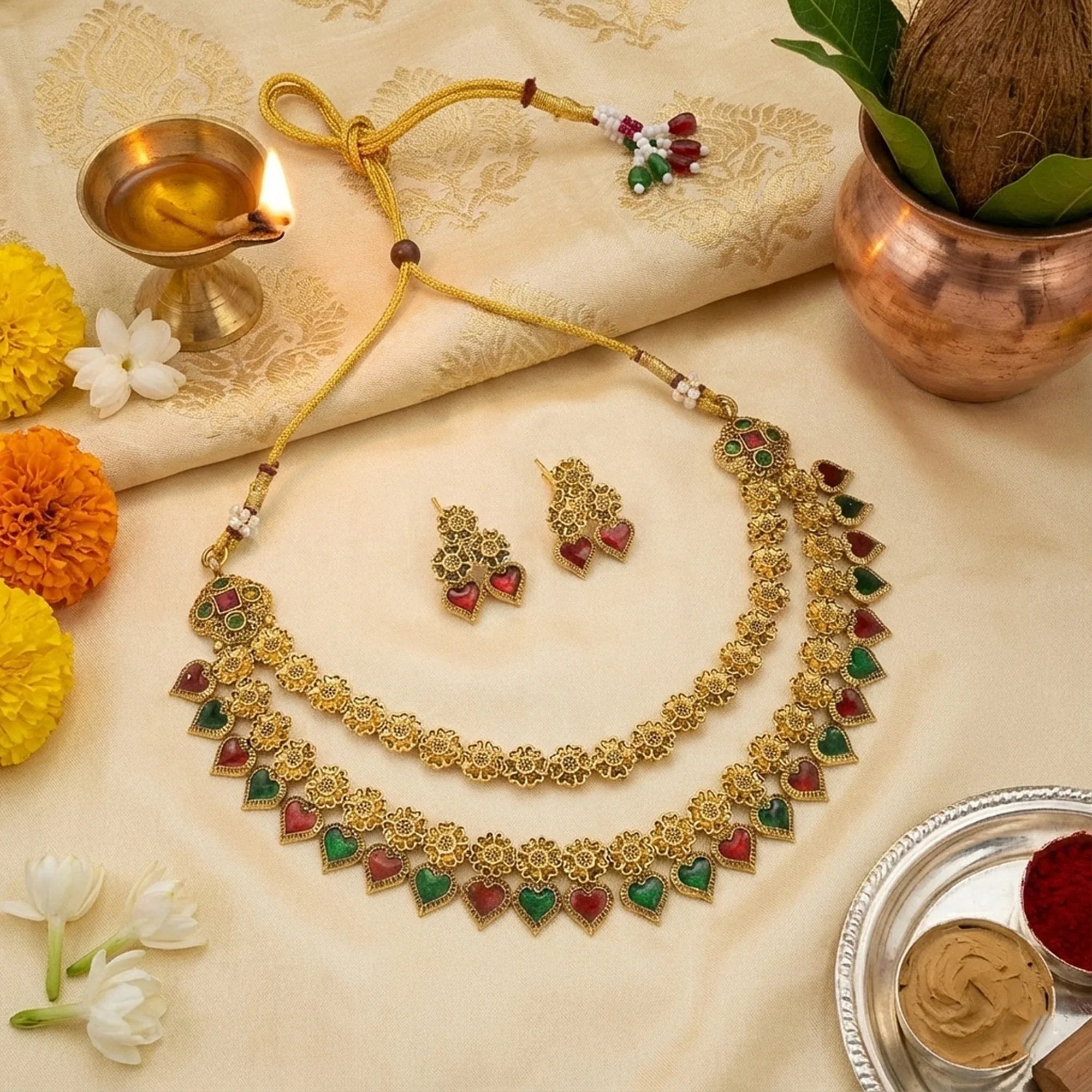 Gold necklace with colorful stones and matching earrings on a decorative background with flowers and a lamp.