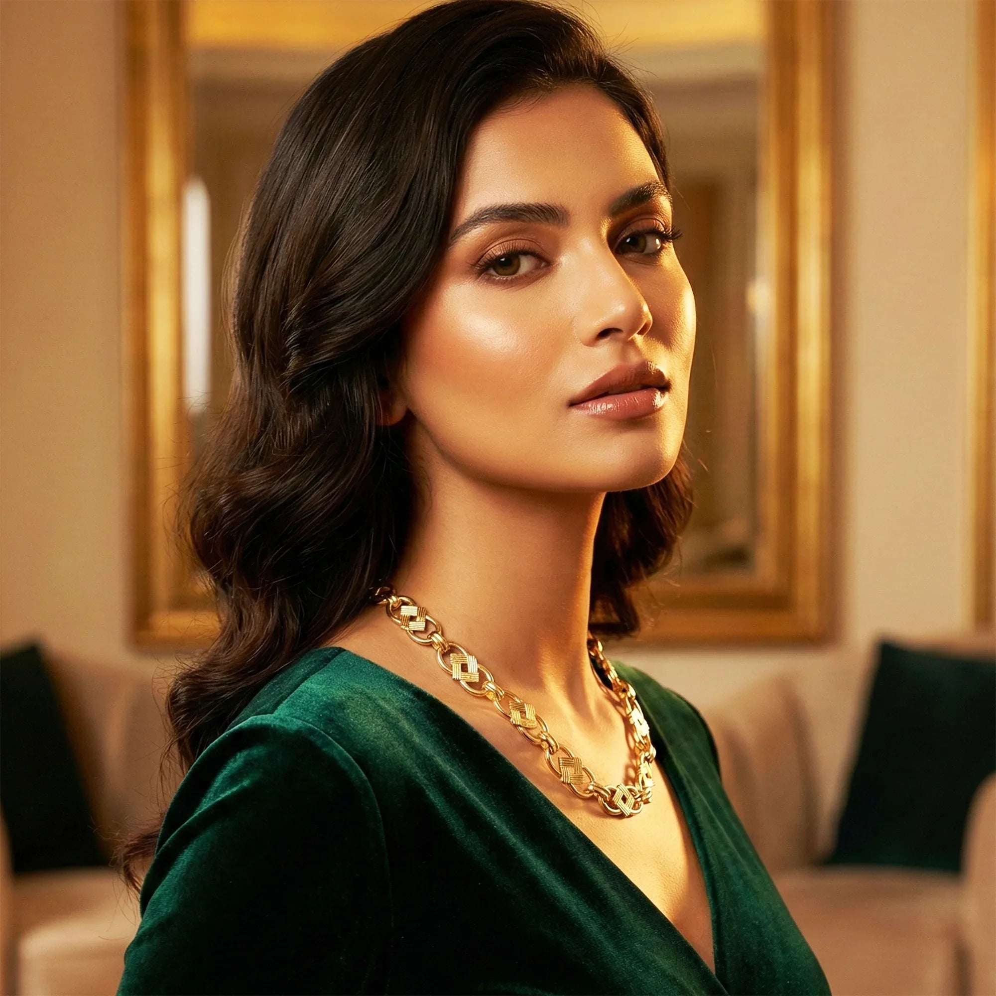 Woman wearing a gold necklace in a room with a mirror and couch.