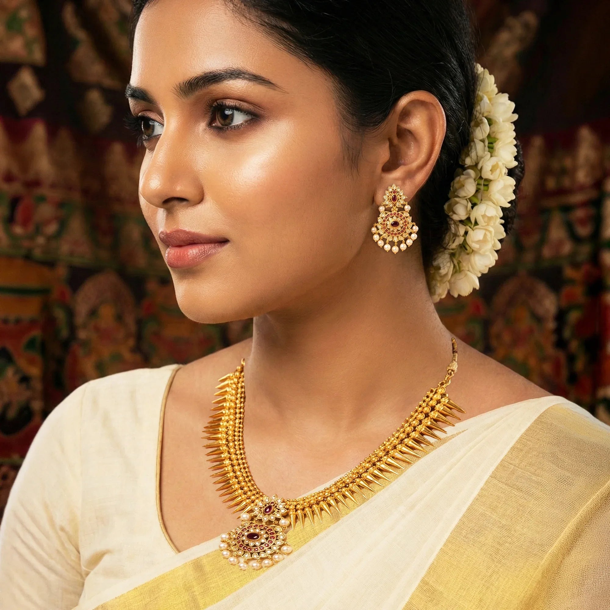 Woman wearing gold jewelry with a colorful traditional backdrop