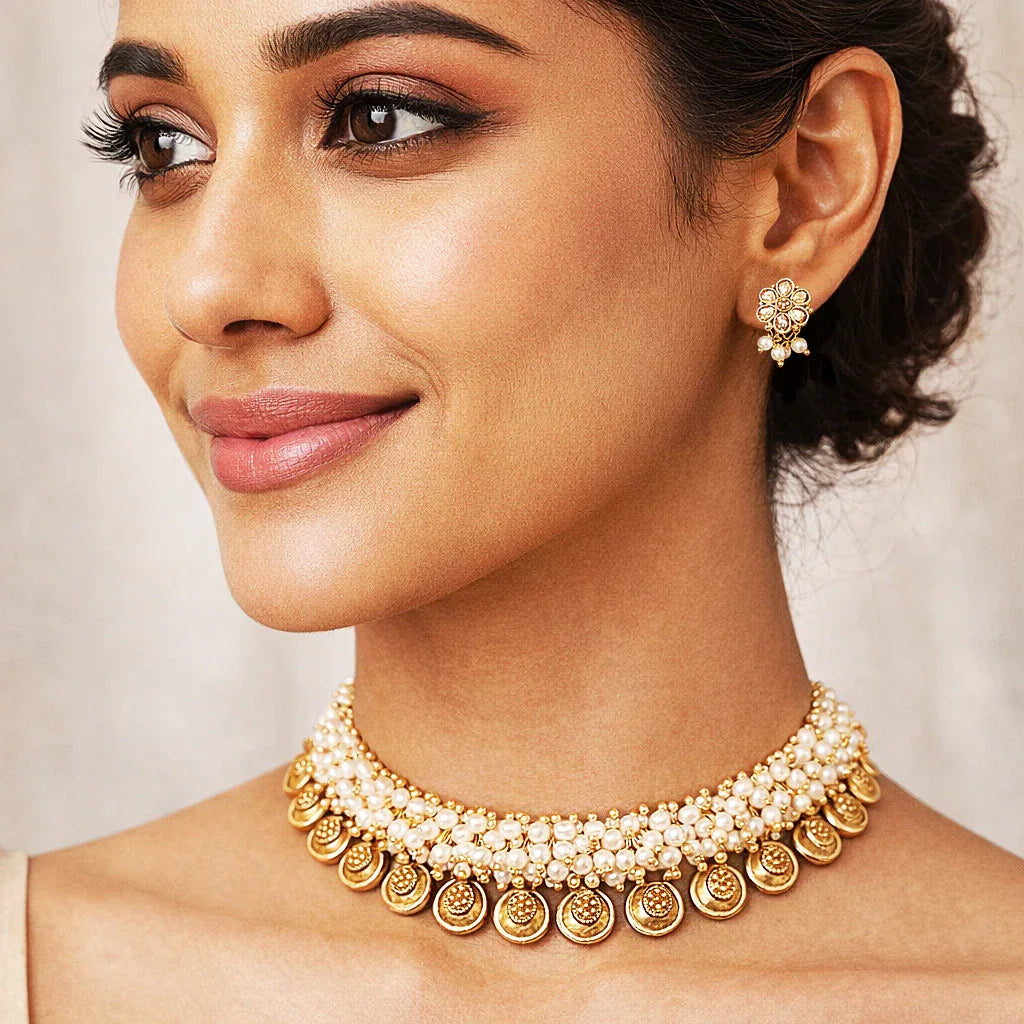 Woman wearing a gold necklace and earrings with a neutral background