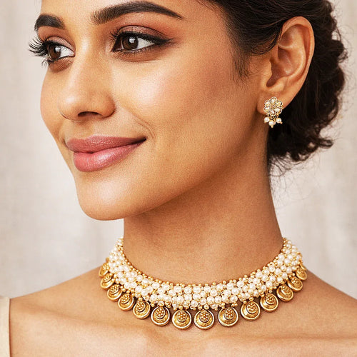 Woman wearing a gold necklace and earrings with a neutral background