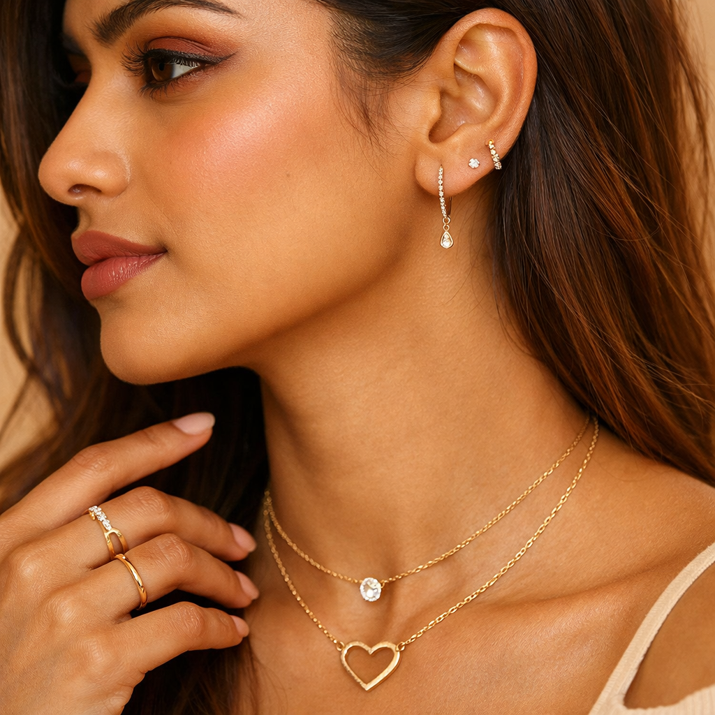 Close-up of a woman wearing gold jewelry including earrings, necklace, and ring.