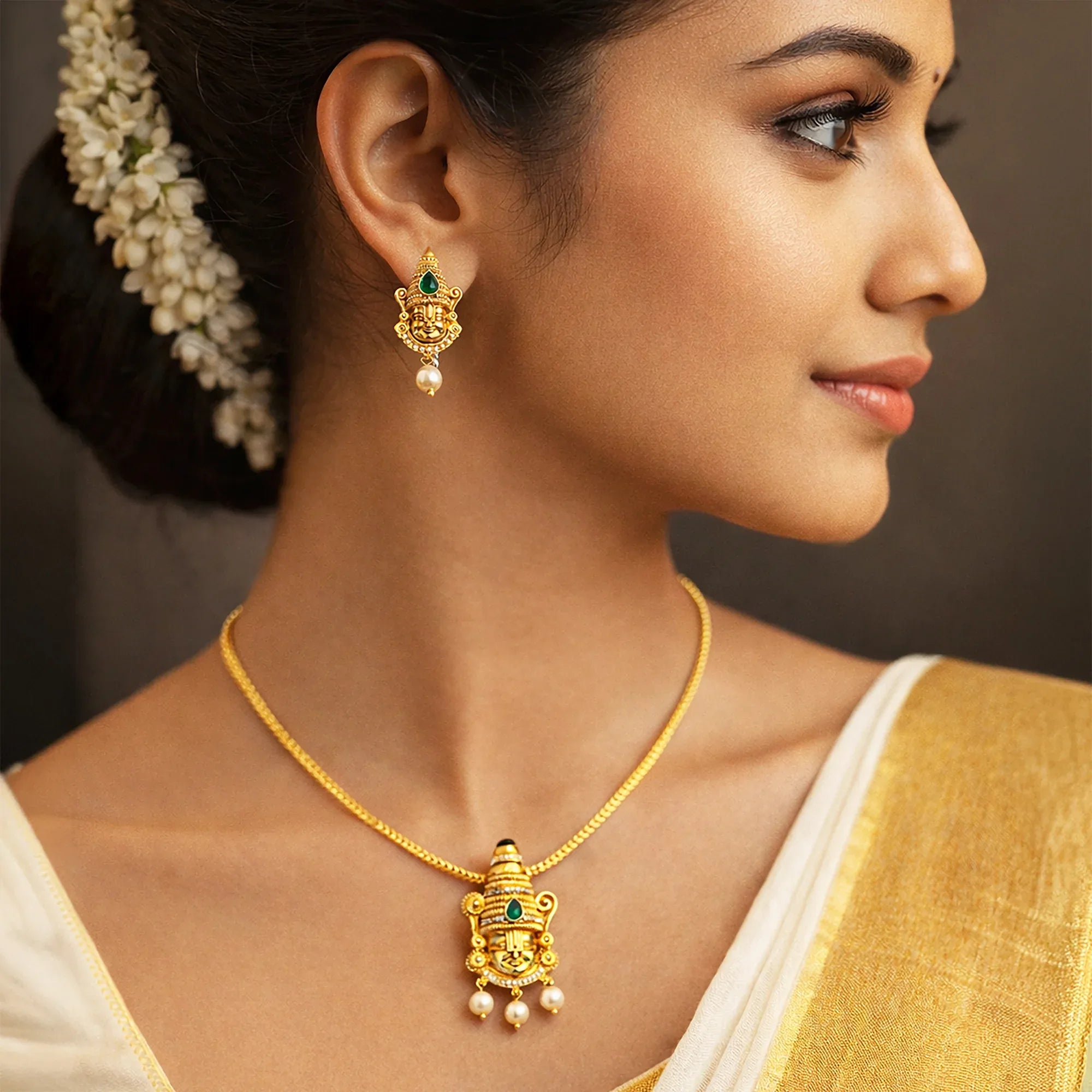 Woman wearing gold jewelry with a neutral background