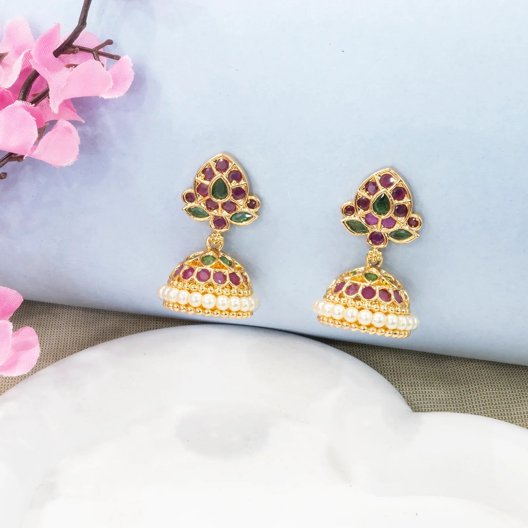 Abhinaya Kemp Pearl Jhumki Earrings (Red/Multi) - Zaarva