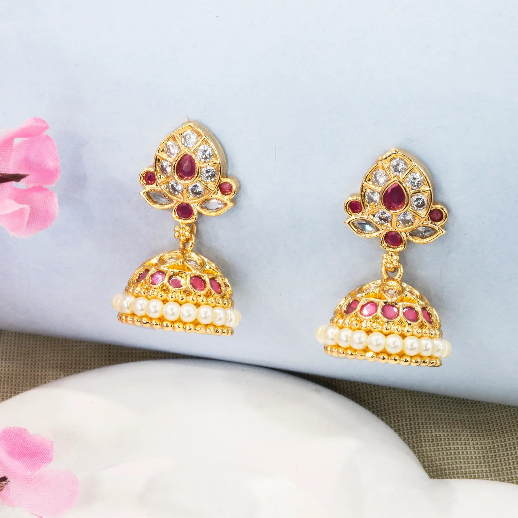 Abhinaya Kemp Pearl Jhumki Earrings (Red/Multi) - Zaarva