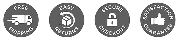 Four gray icons with white symbols and text on a white background