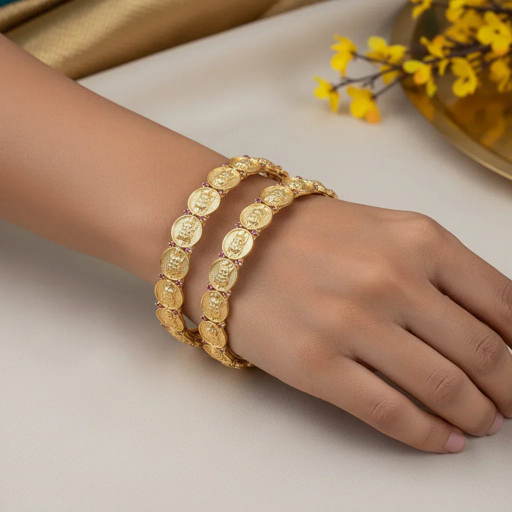 Antique Lakshmi Coin Bangle with Ruby Accent (1 pc) - Zaarva