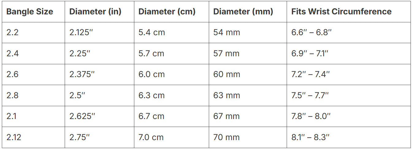 Table showing bangle sizes with corresponding dimensions and wrist circumference fits.