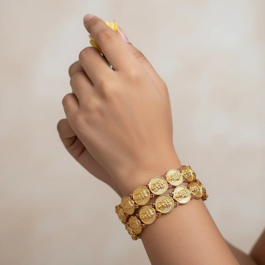 Antique Lakshmi Coin Bangle with Ruby Accent (1 pc) - Zaarva