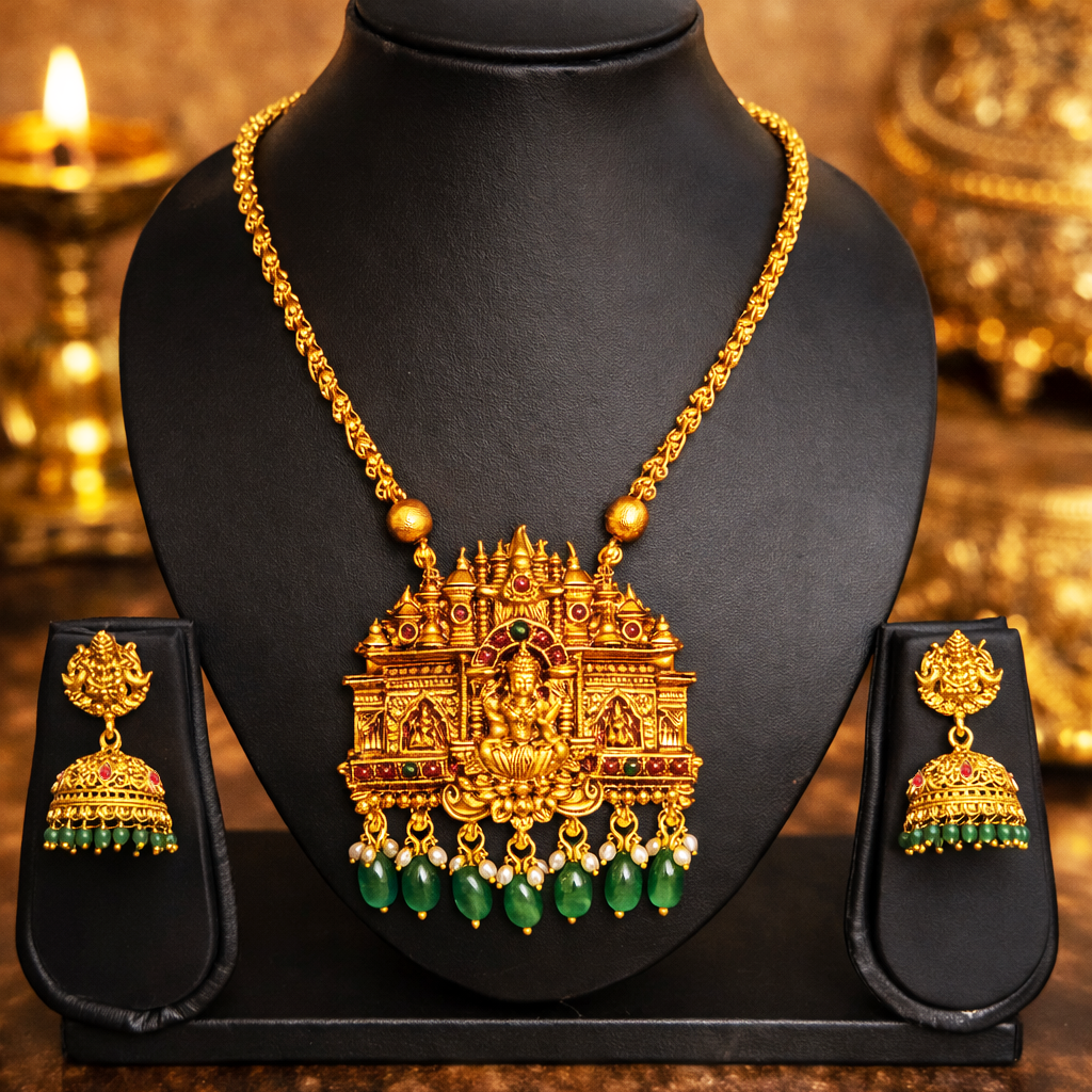 Gold necklace with intricate design and green beads on a black stand, with matching earrings.